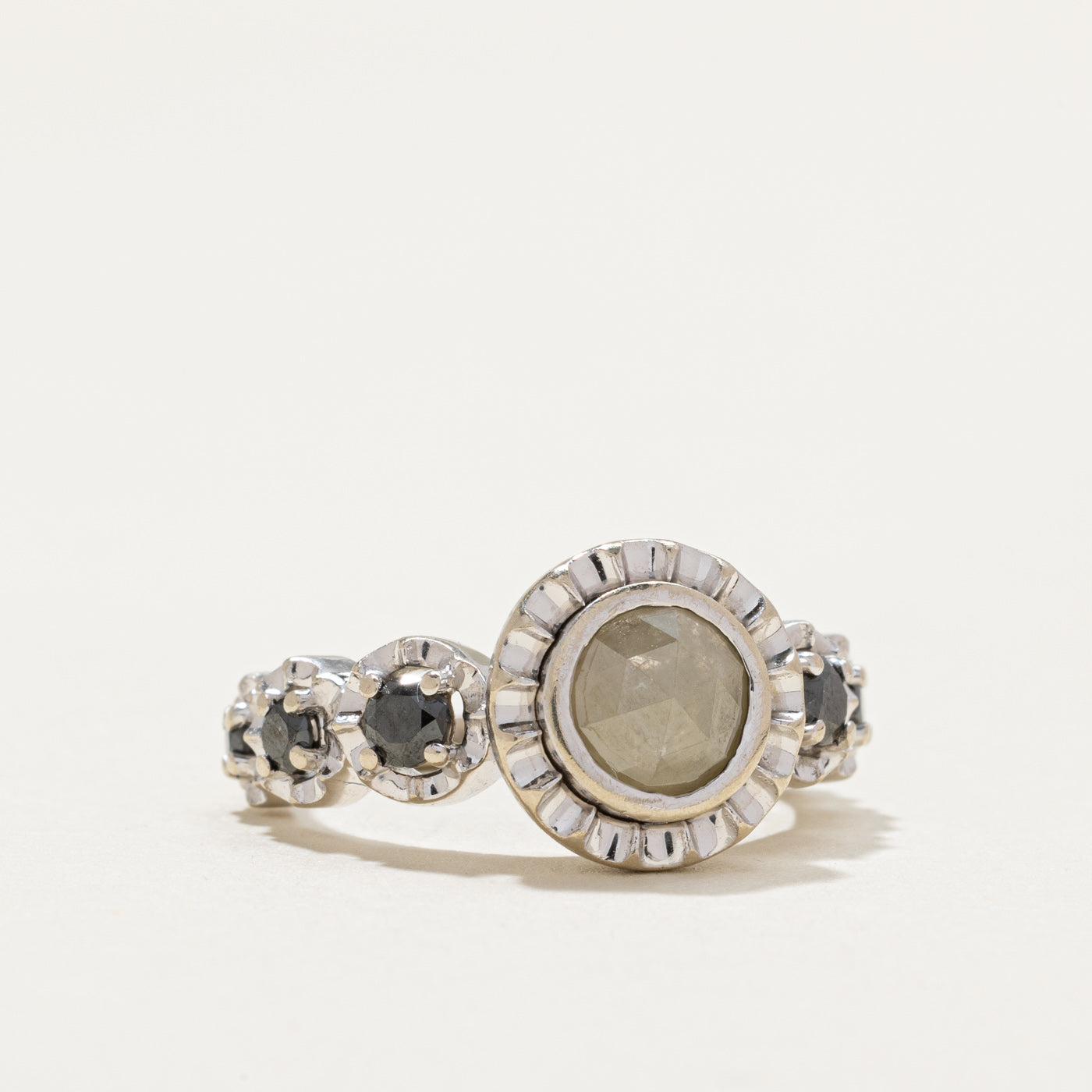 Bezel Set Green & Black Diamond Engagement Ring | 0.82ctw | SZ 4.75