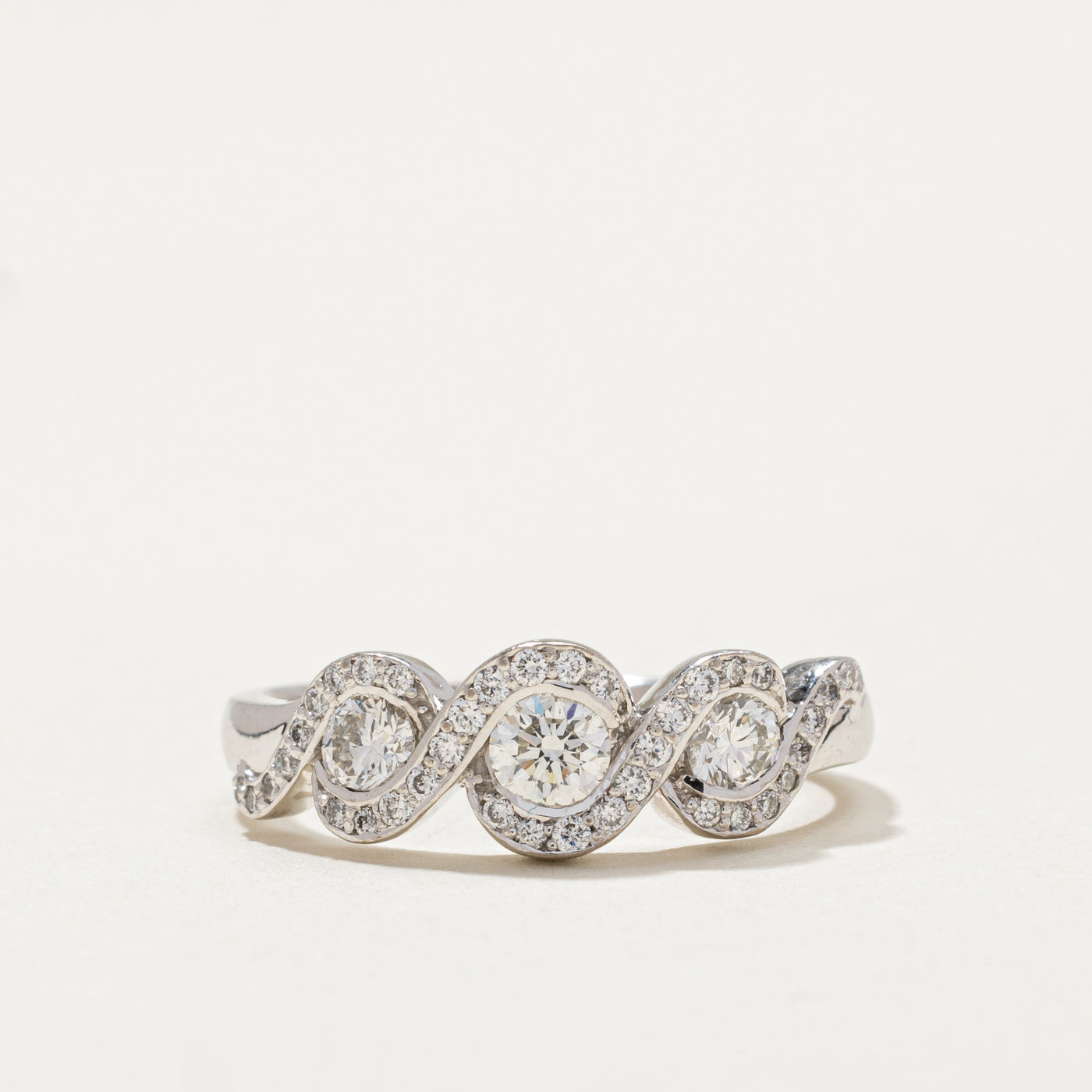 Three Stone Diamond Halo Cross Over Ring | 0.61ctw | SZ 6.5