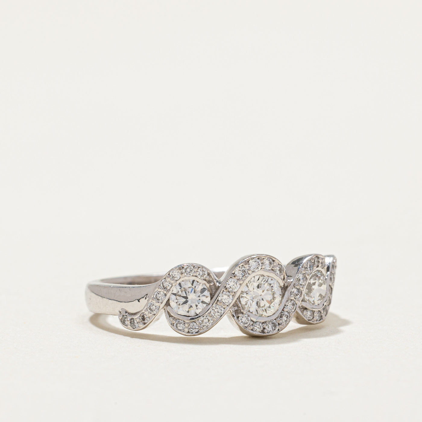 Three Stone Diamond Halo Cross Over Ring | 0.61ctw | SZ 6.5