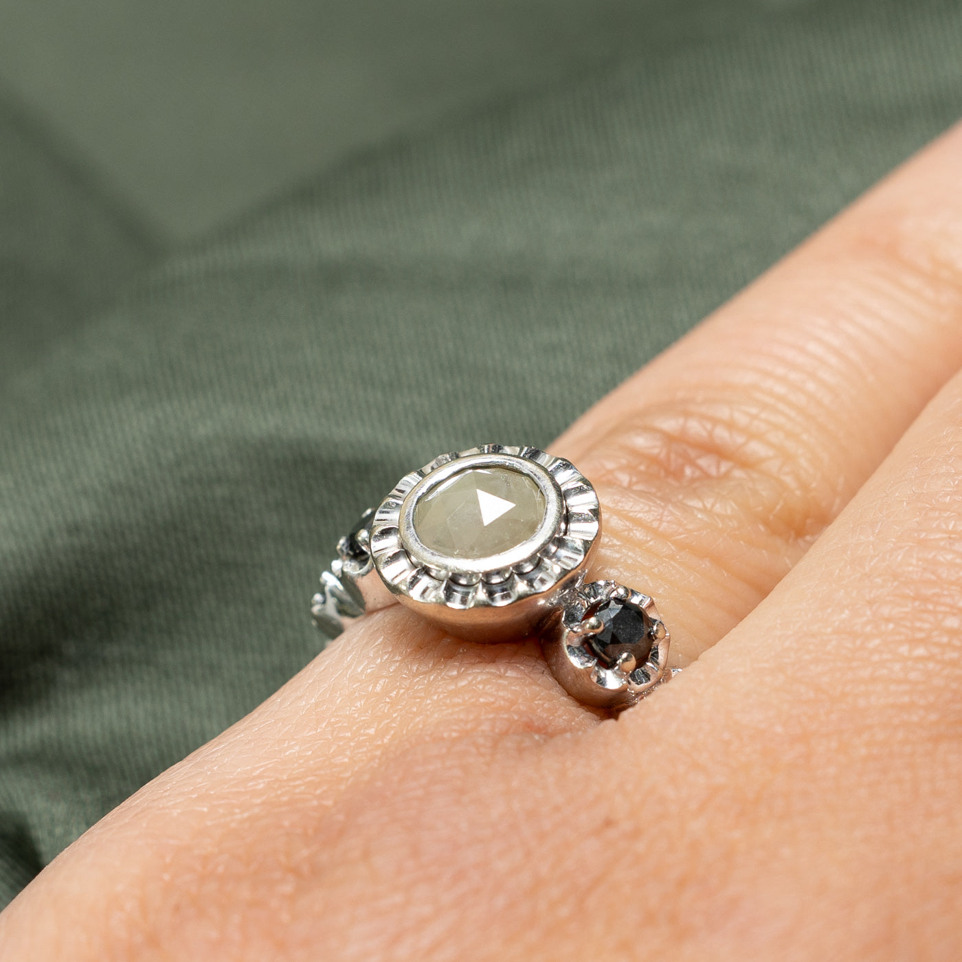Bezel Set Green & Black Diamond Engagement Ring | 0.82ctw | SZ 4.75