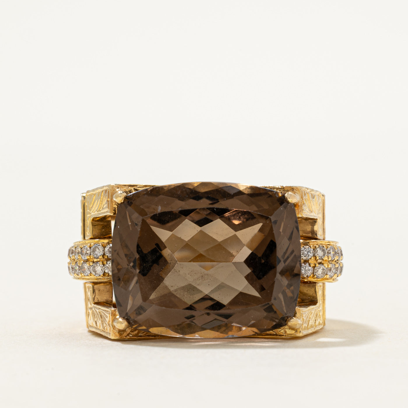 Smoky Quartz & Diamonds Cocktail Ring | 15.00ct, 0.28ctw | SZ 6