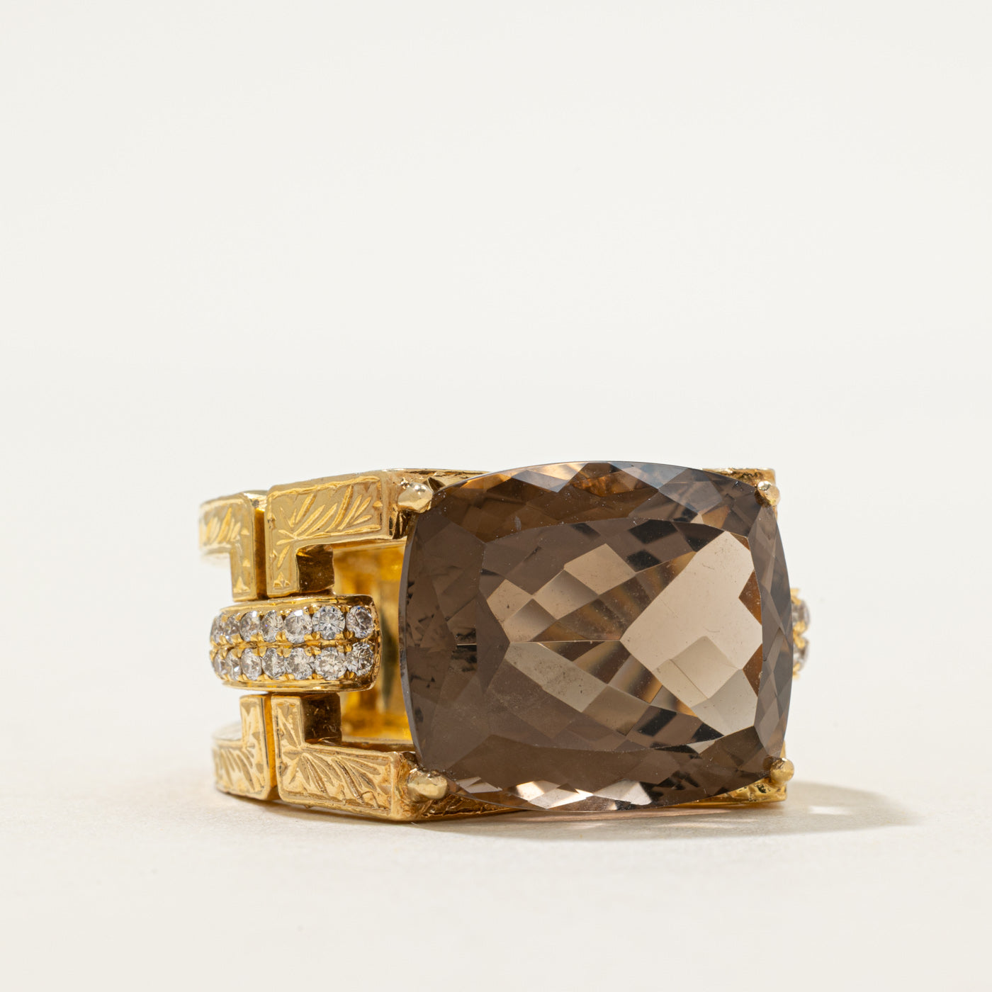 Smoky Quartz & Diamonds Cocktail Ring | 15.00ct, 0.28ctw | SZ 6
