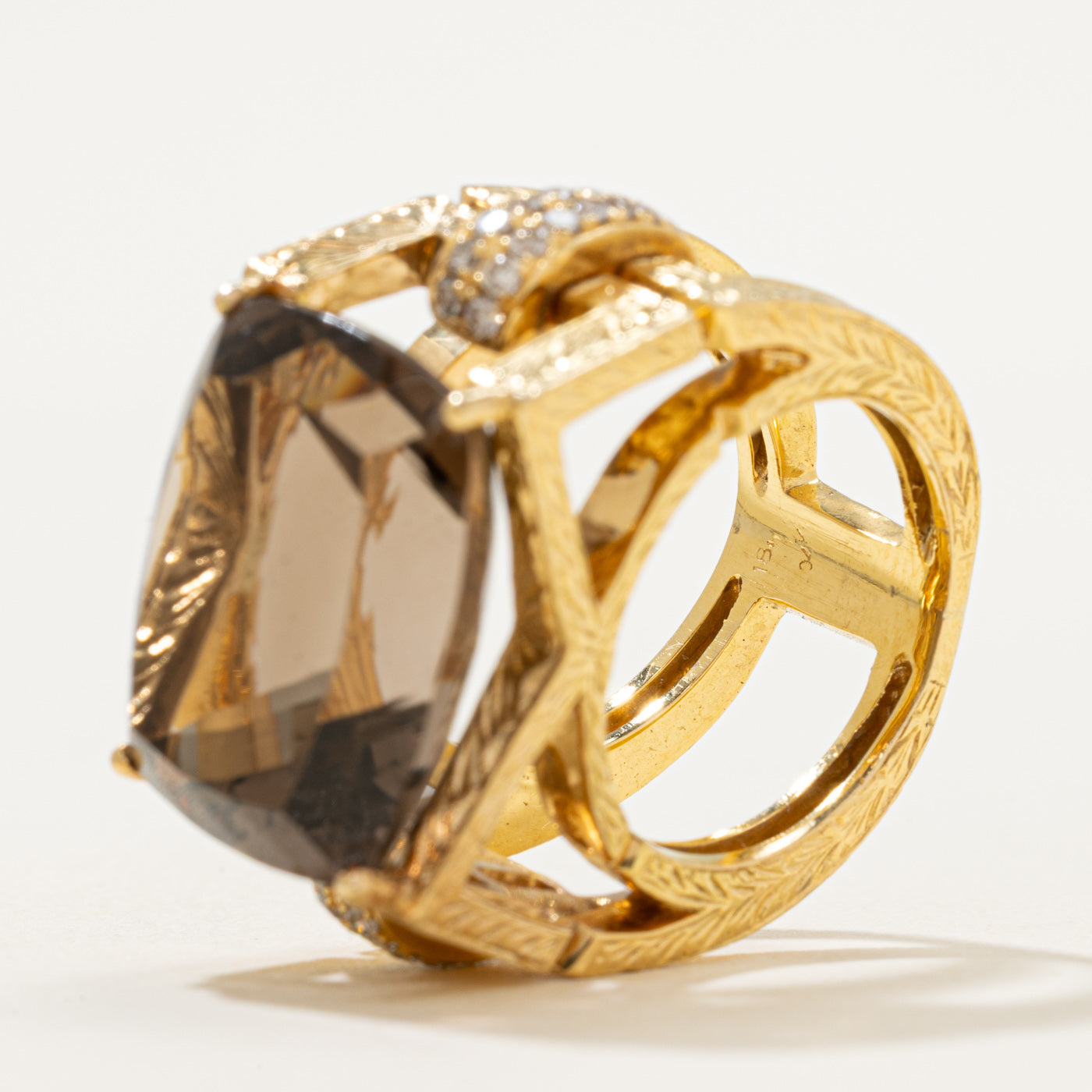 Smoky Quartz & Diamonds Cocktail Ring | 15.00ct, 0.28ctw | SZ 6