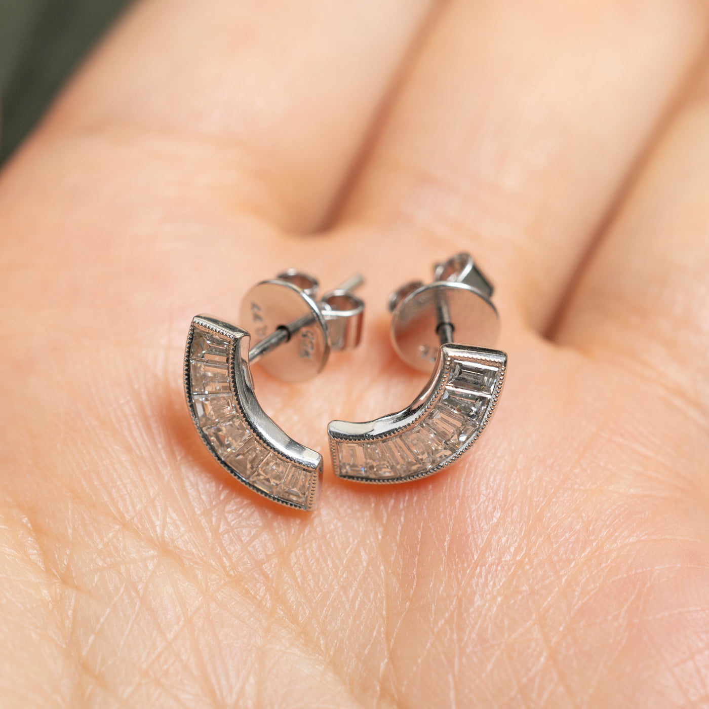 Baguette Cut Diamond Curved Stud Earrings | 0.77ctw