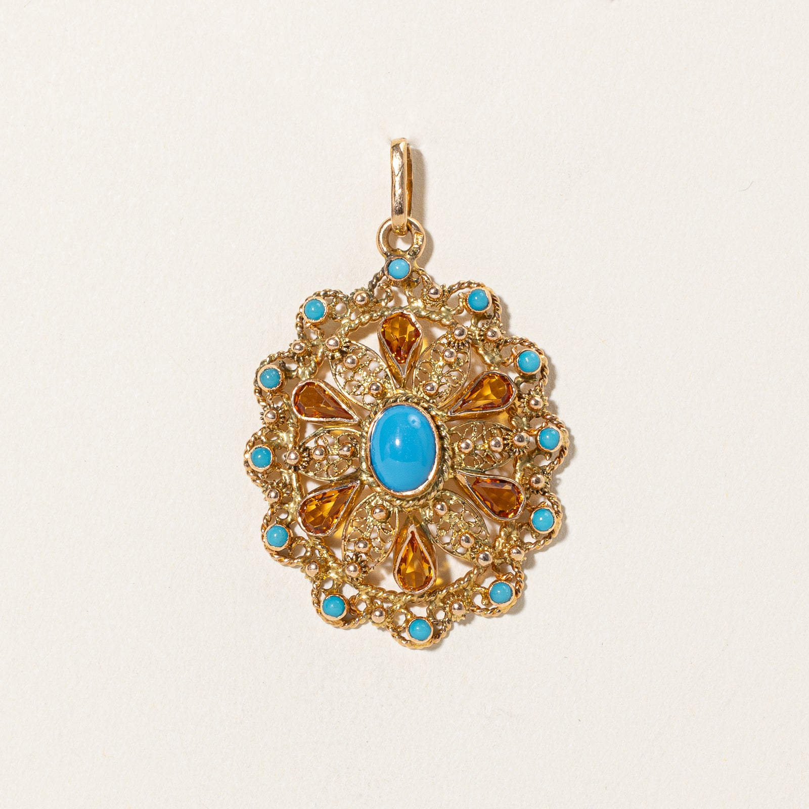 Vintage Portuguese Blue & Orange Paste Glass Ornate Pendant | 6.00ctw