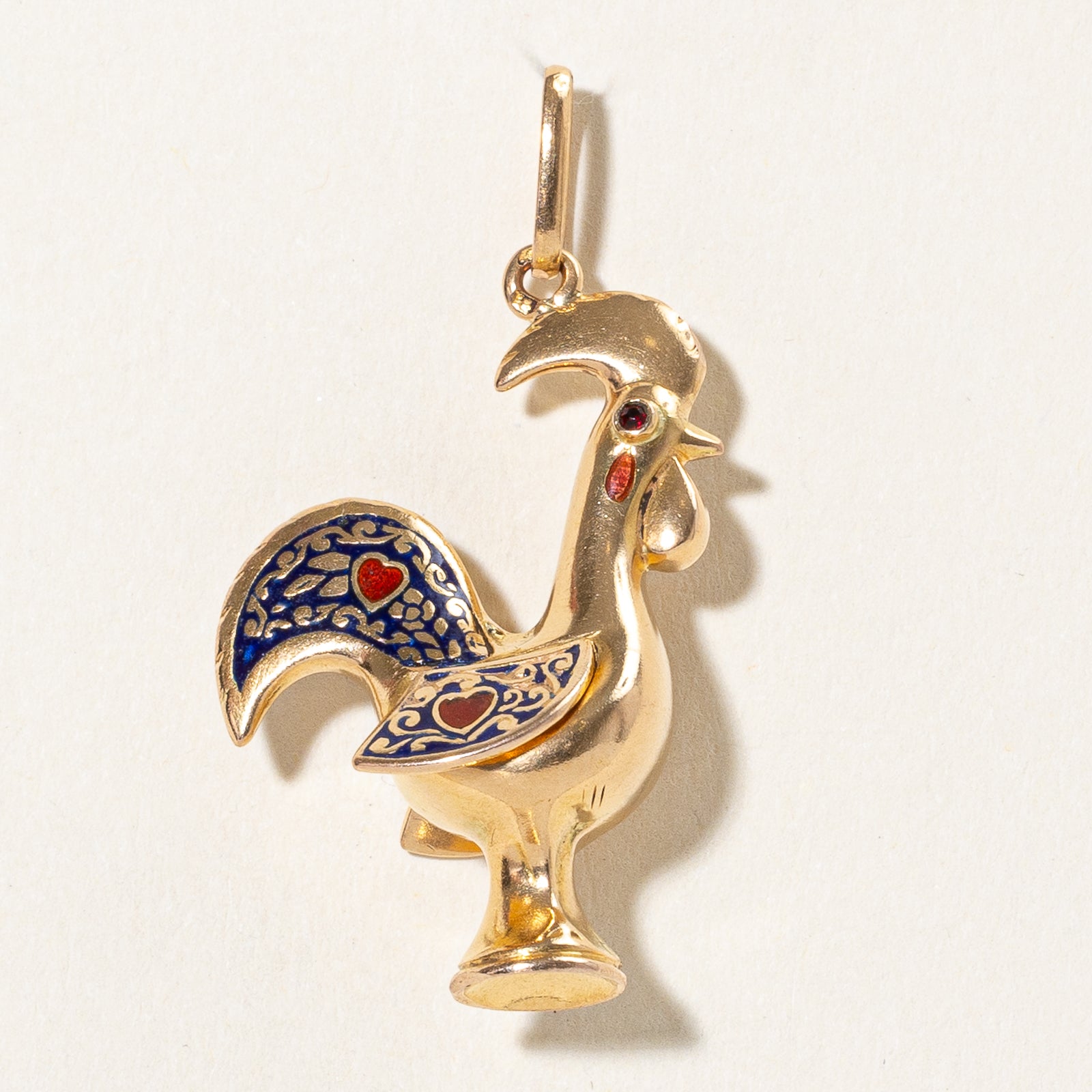 Vintage Portuguese Red Glass & Enamel Rooster Charm