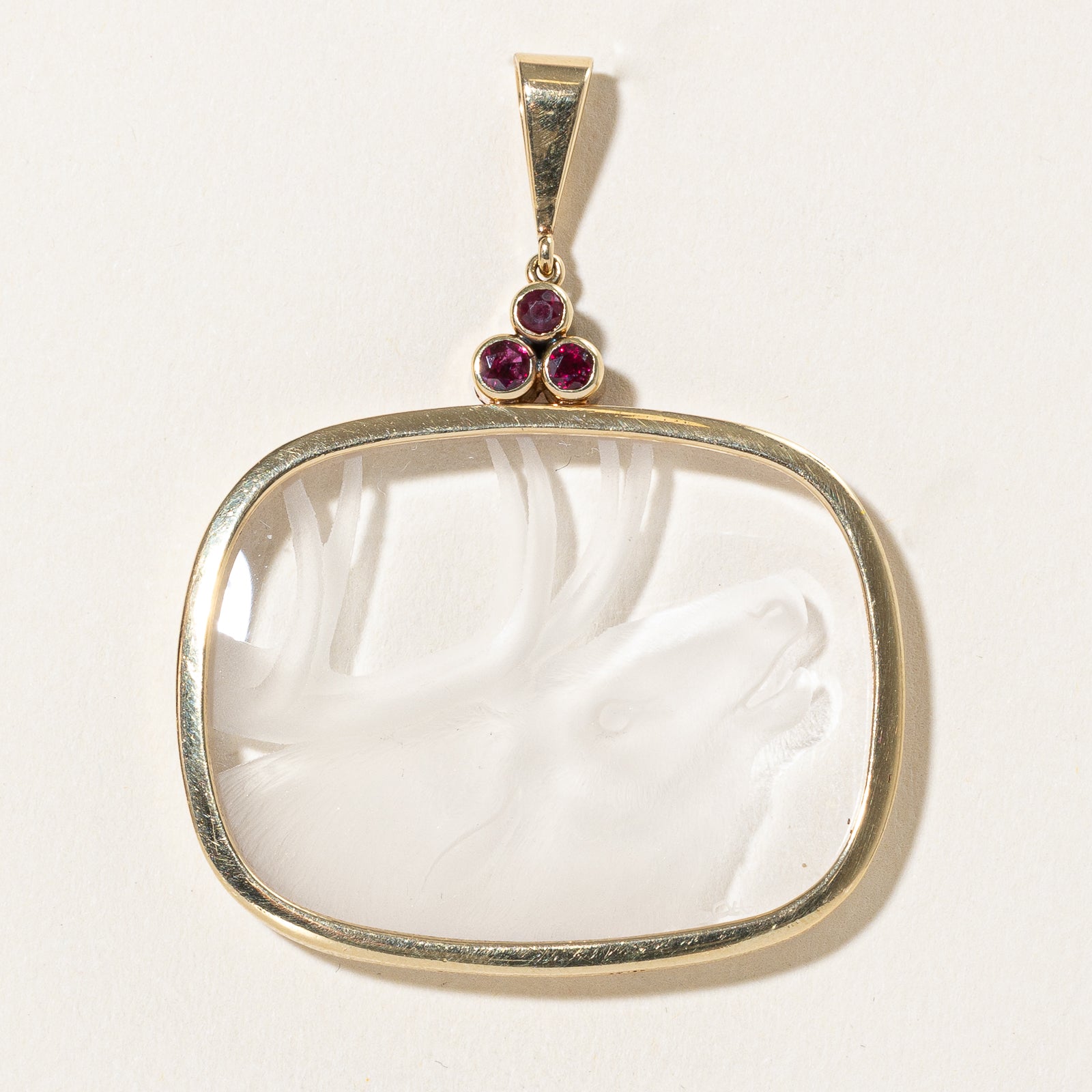 Carved Buck Intaglio Quartz & Ruby Pendant | 52.00ct, 0.36ctw