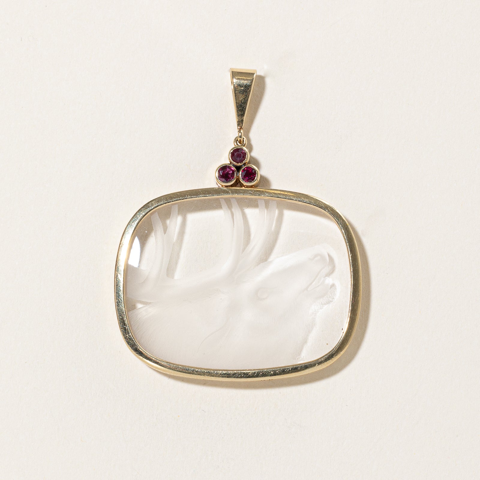 Carved Buck Intaglio Quartz & Ruby Pendant | 52.00ct, 0.36ctw