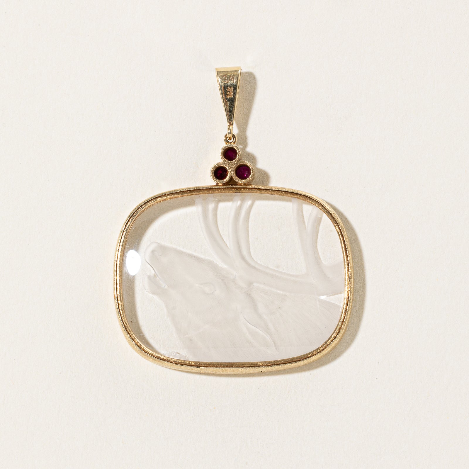Carved Buck Intaglio Quartz & Ruby Pendant | 52.00ct, 0.36ctw