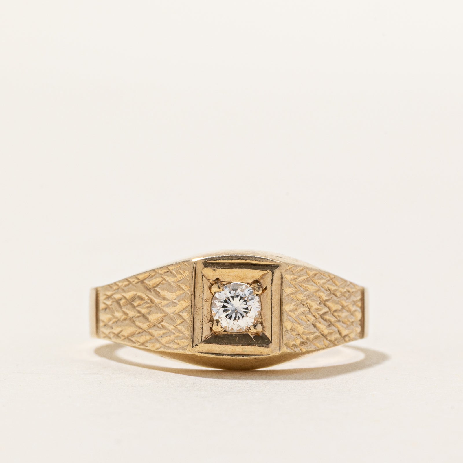 1986 London 9K Diamond Textured Signet Ring | 0.18ct | SZ 9.25