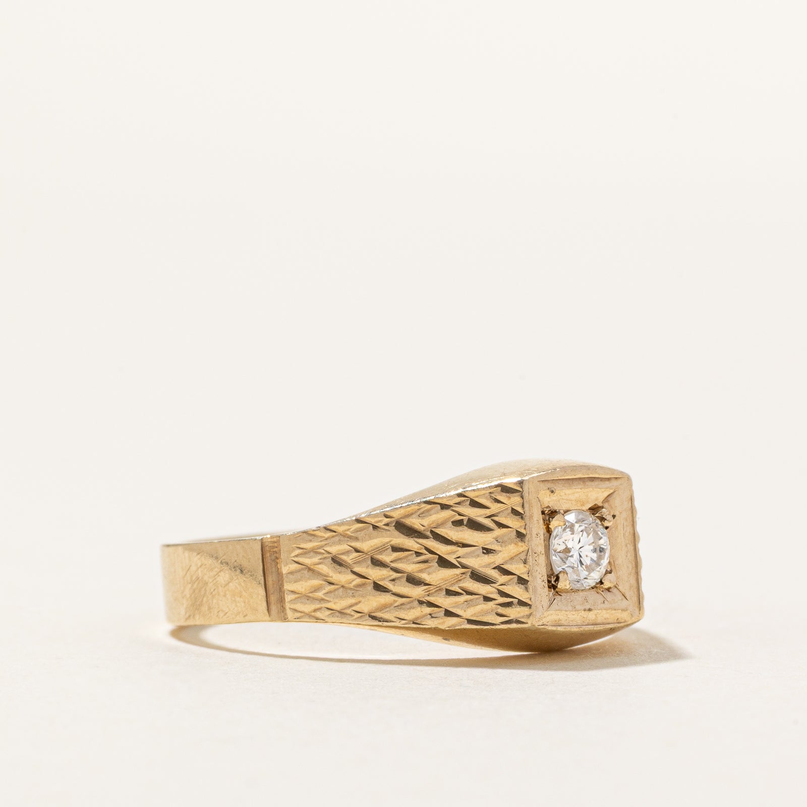 1986 London 9K Diamond Textured Signet Ring | 0.18ct | SZ 9.25