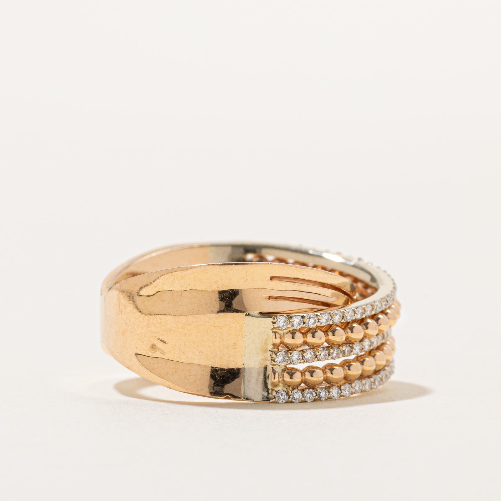 18K Semi Eternity Diamond & Bead Cross Over Ring | 0.35ctw | SZ 7.5