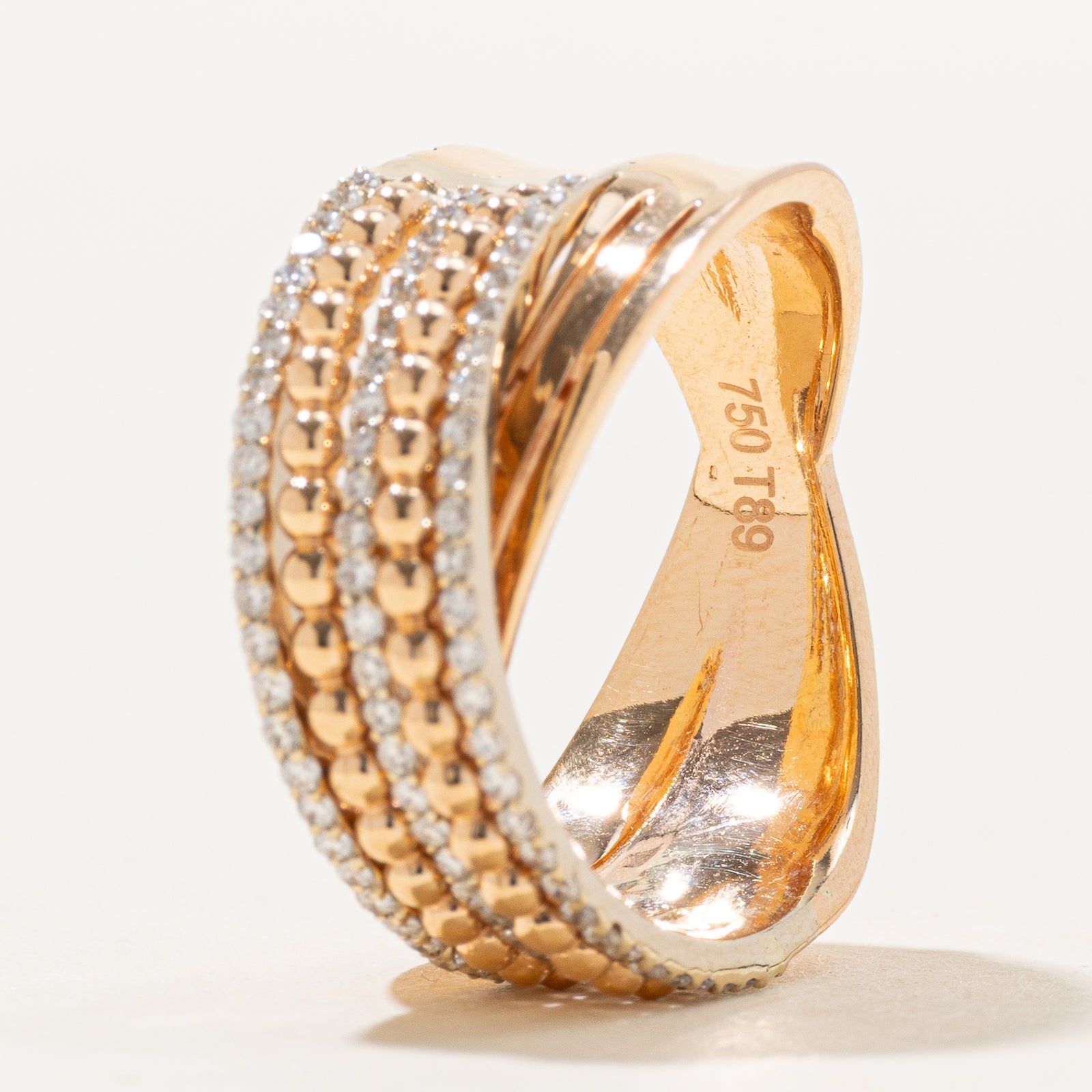 18K Semi Eternity Diamond & Bead Cross Over Ring | 0.35ctw | SZ 7.5