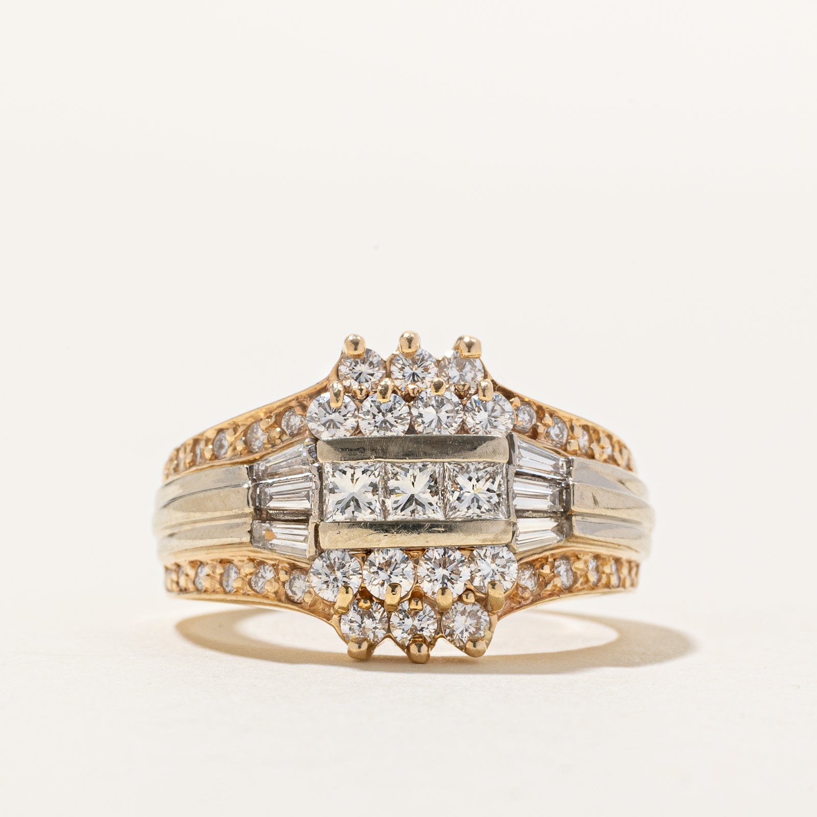14K Two Tone Multi Cut Diamond Grooved Ring | 1.35ctw | SZ 7.5