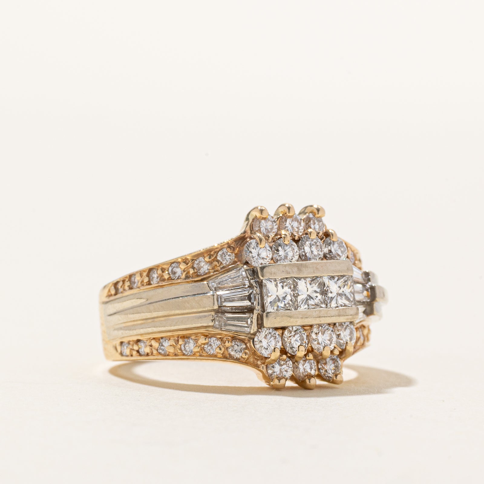 14K Two Tone Multi Cut Diamond Grooved Ring | 1.35ctw | SZ 7.5