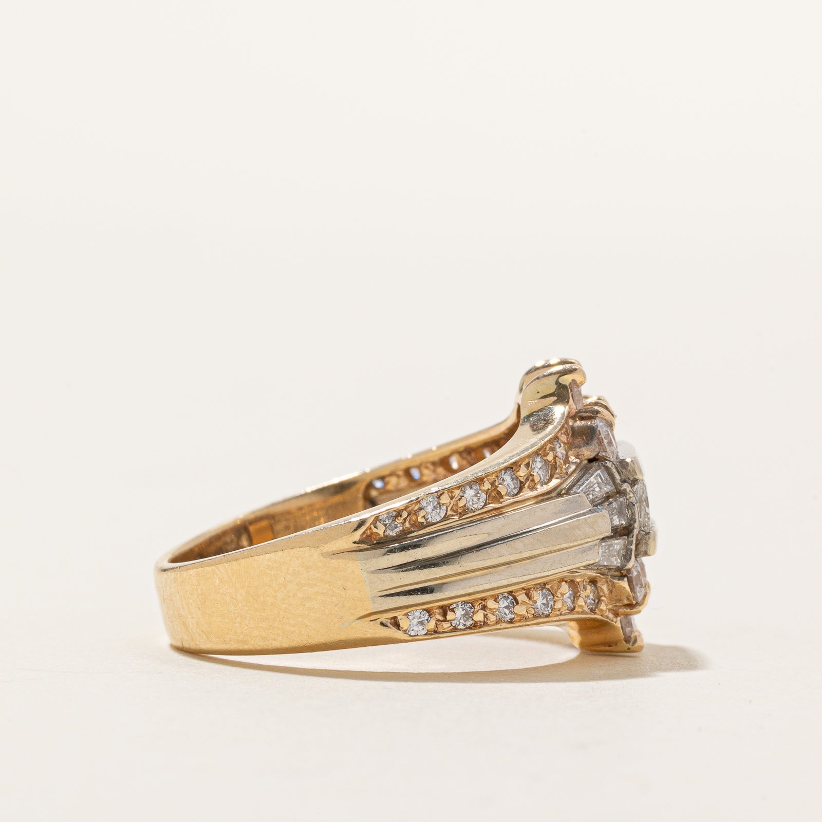 14K Two Tone Multi Cut Diamond Grooved Ring | 1.35ctw | SZ 7.5
