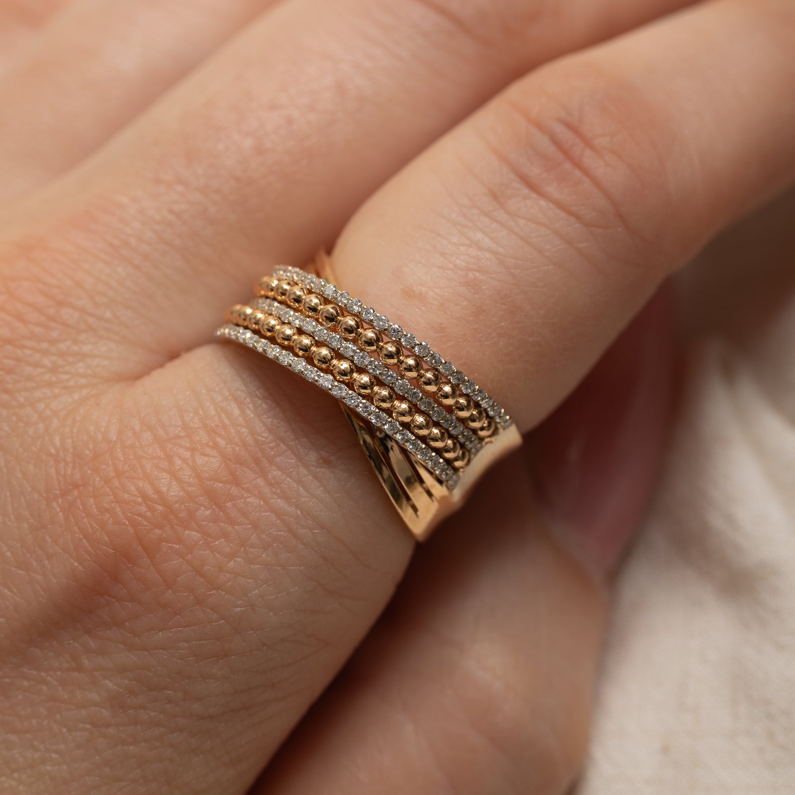 18K Semi Eternity Diamond & Bead Cross Over Ring | 0.35ctw | SZ 7.5