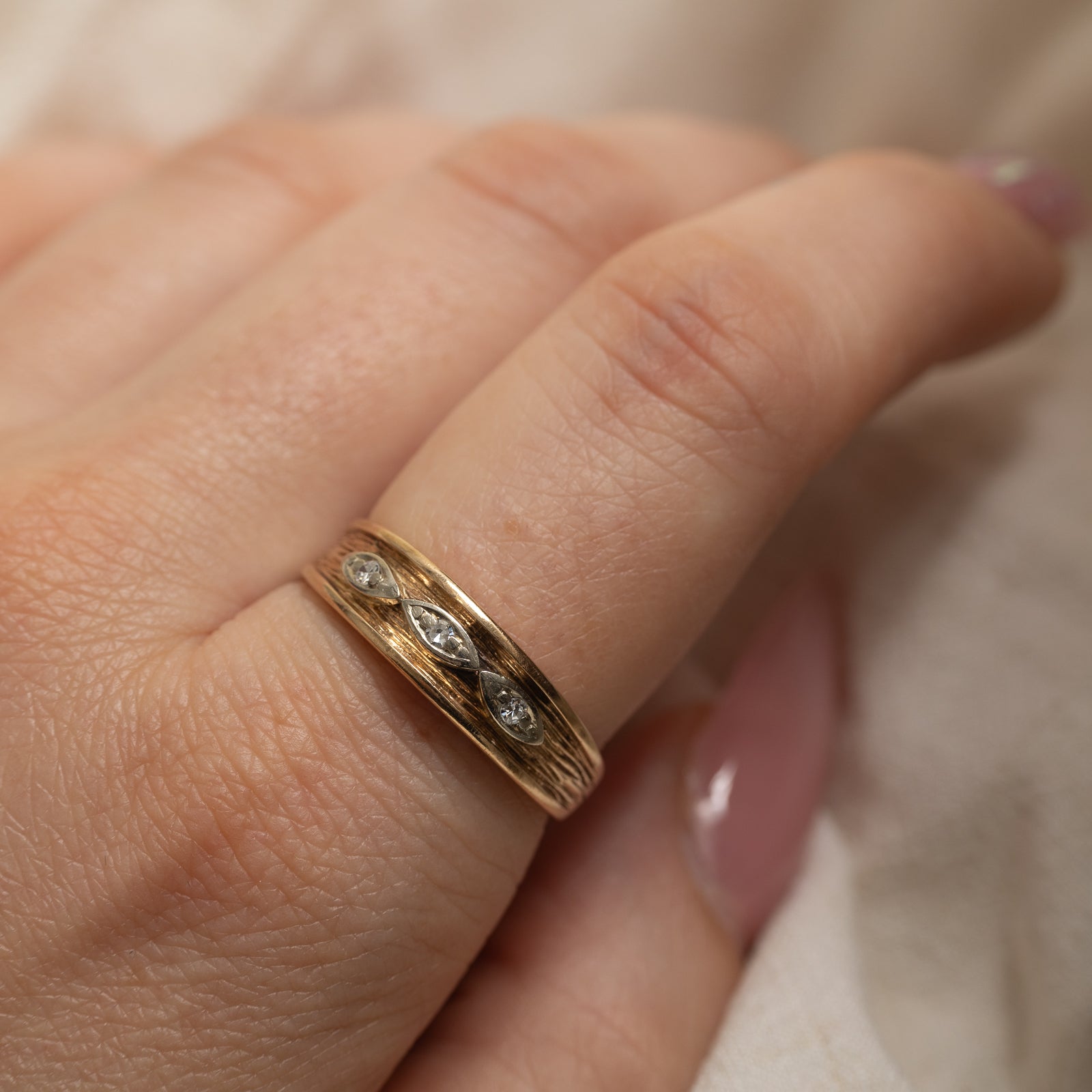 10K Three Stone Diamond Textured Ring | 0.05ctw | SZ 10.25