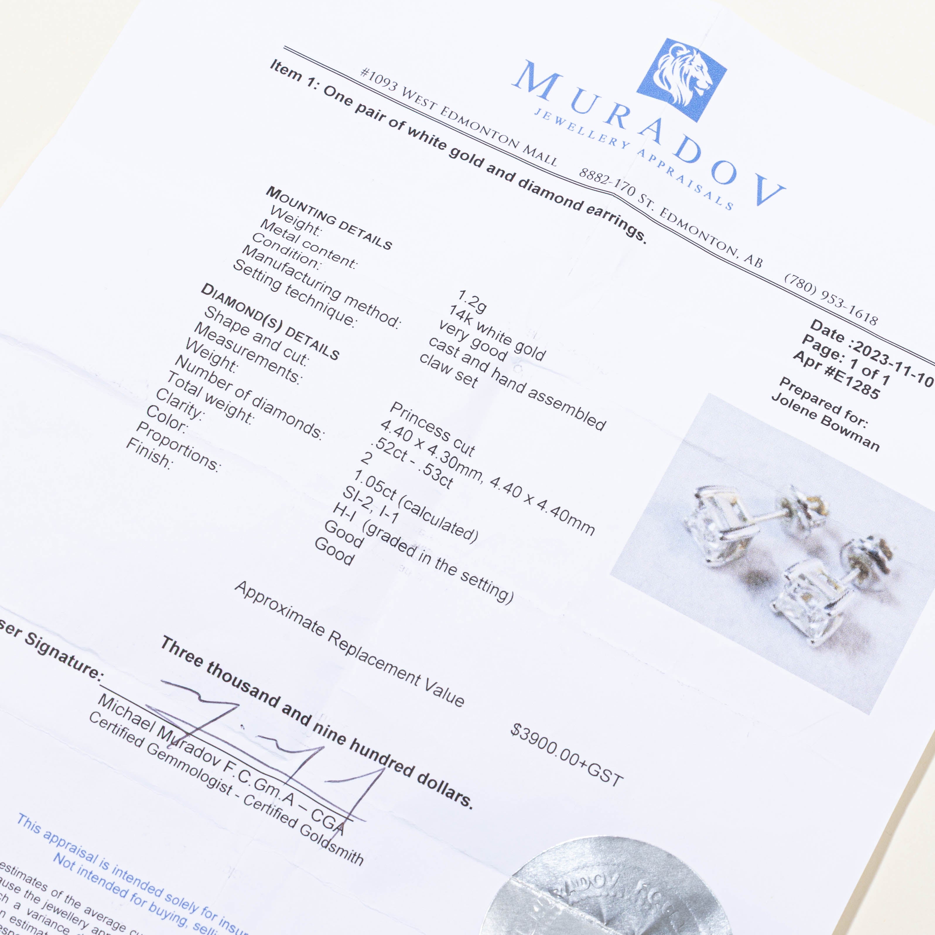 14k Princess Cut Diamond Studs | 1.06ctw SI2/I1 H/I