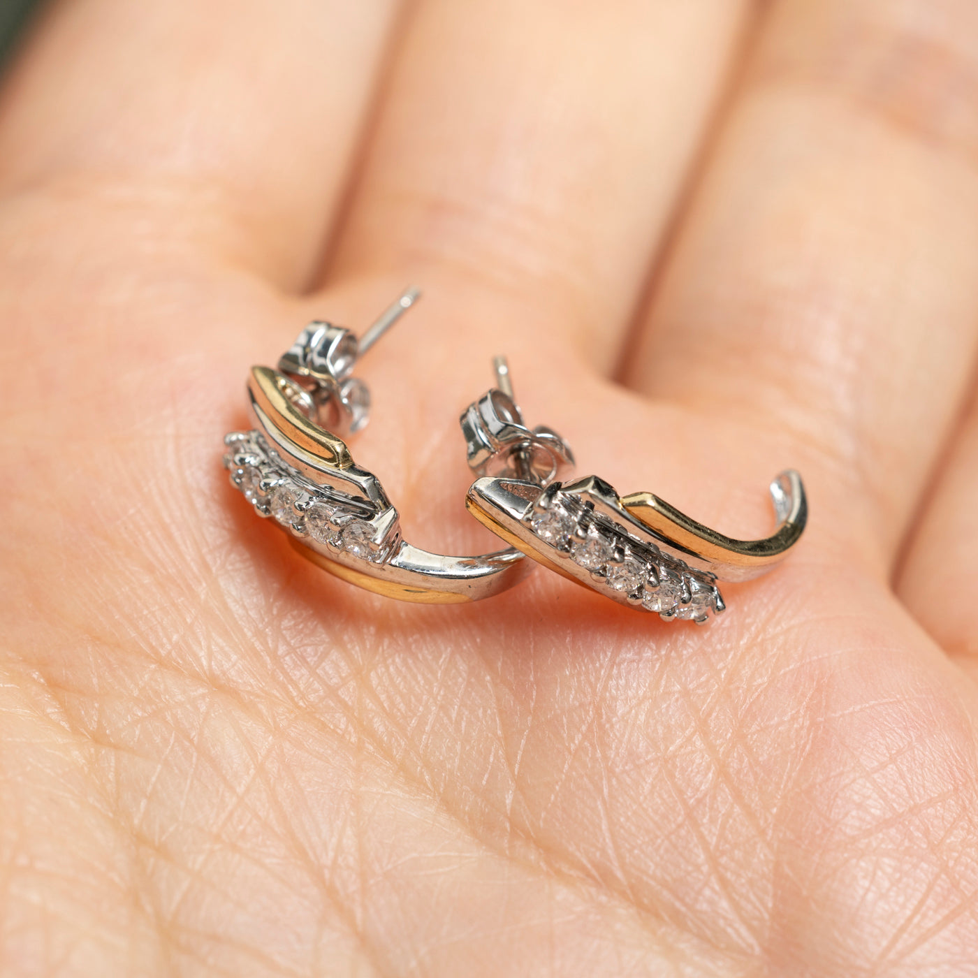 Two Tone Gold Diagonal Diamond Half Huggie Earrings | 0.25ctw