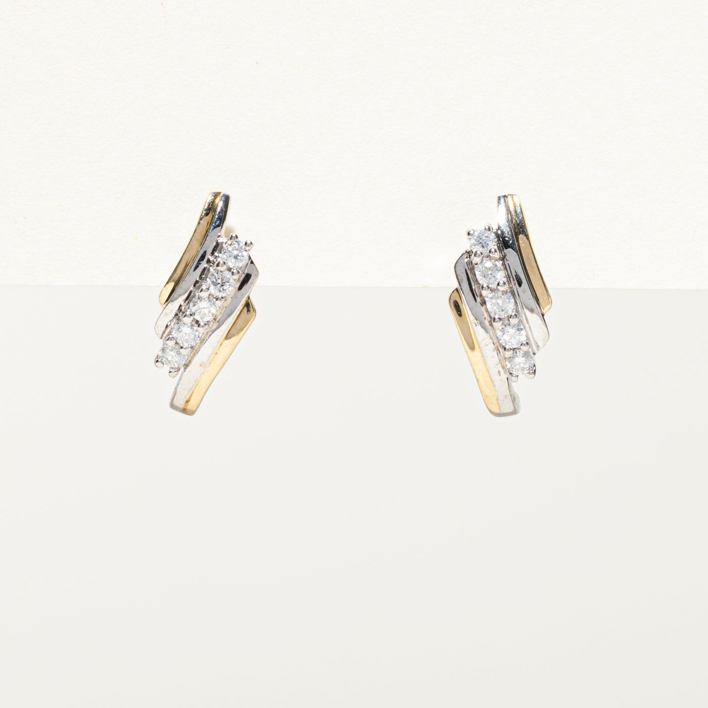 Two Tone Gold Diagonal Diamond Half Huggie Earrings | 0.25ctw