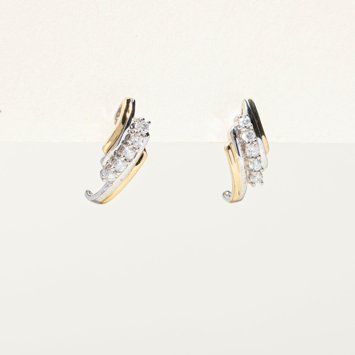 Two Tone Gold Diagonal Diamond Half Huggie Earrings | 0.25ctw