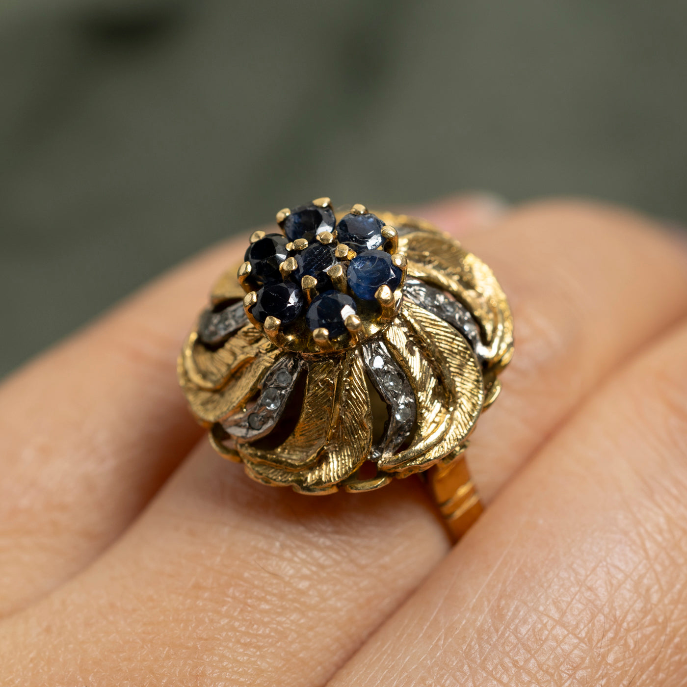 Sapphire Cluster & Diamond Dome Cocktail Ring | 1.26ctw, 0.13ctw | SZ 6.5