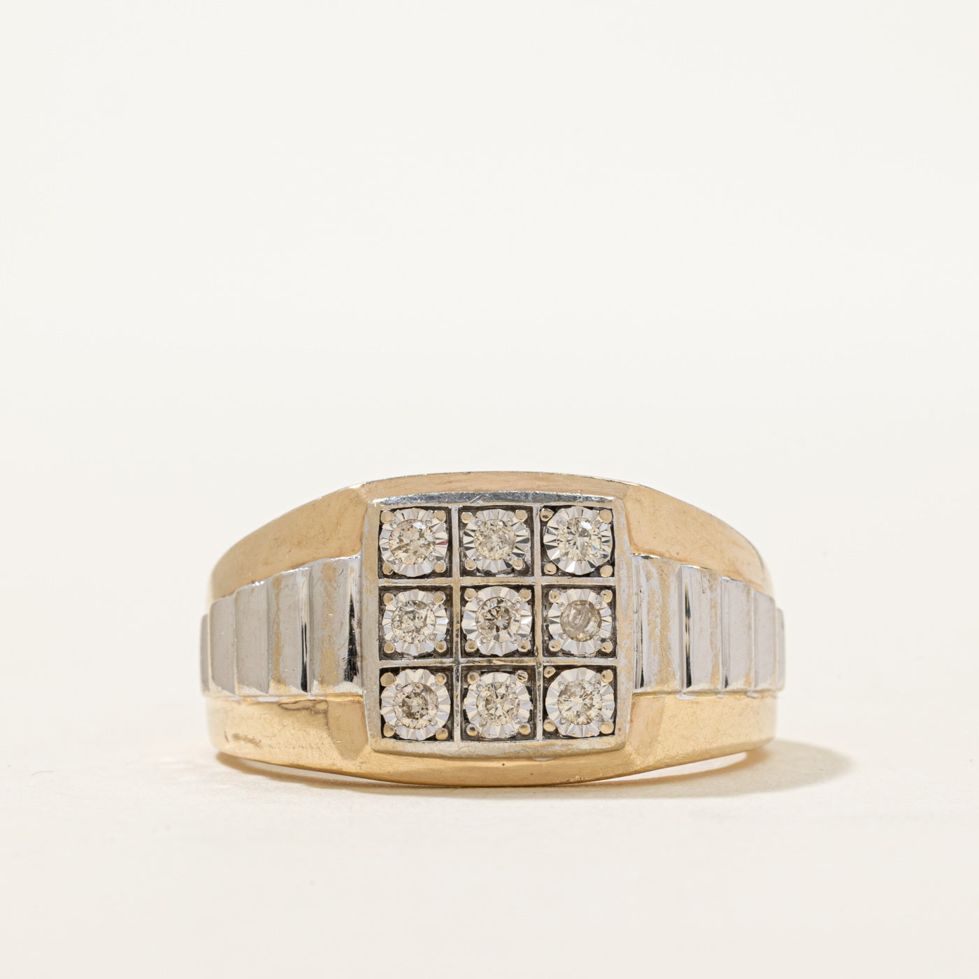 10K Two Tone Gold Diamond Grid Fluted Signet Ring | 0.21ctw | SZ 12