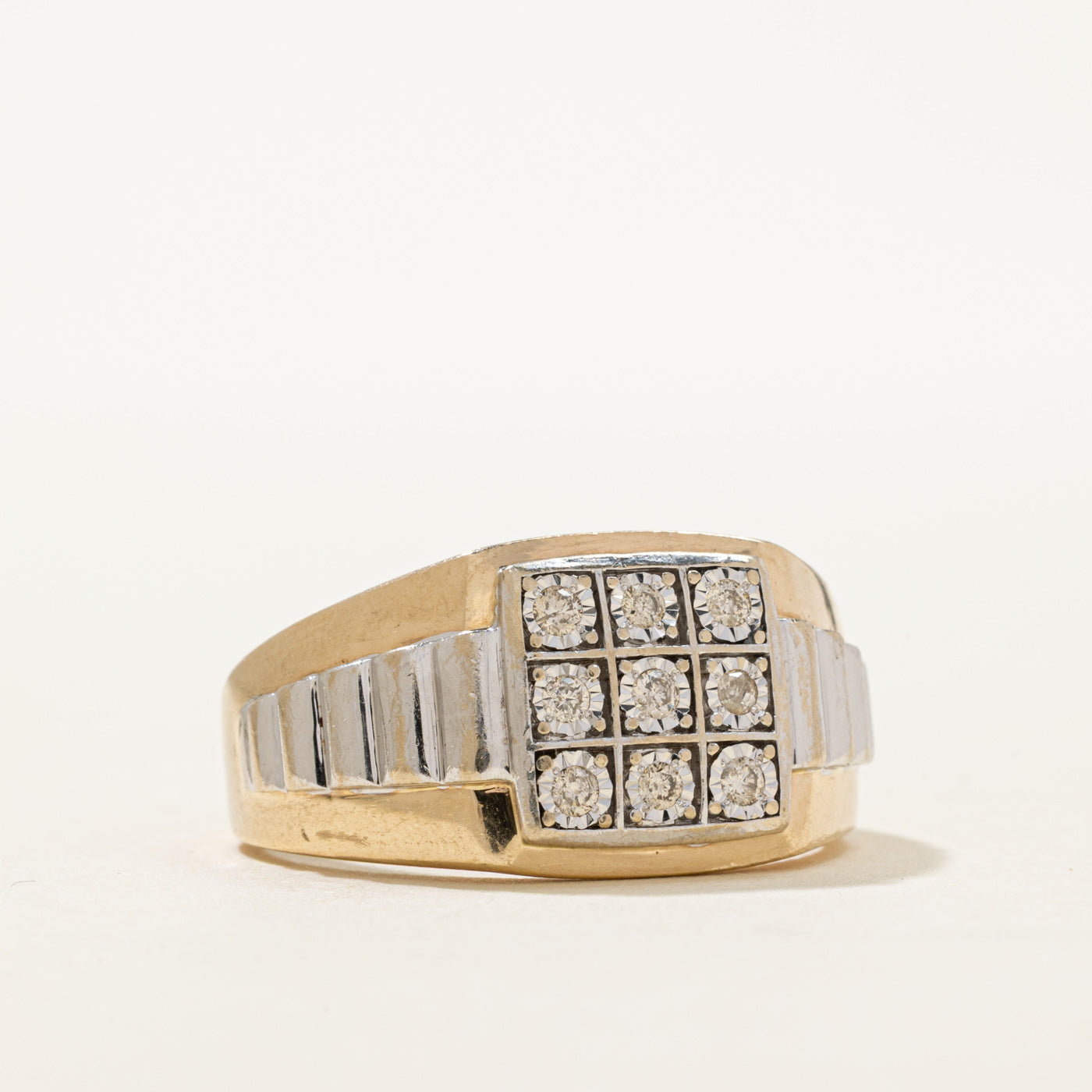 10K Two Tone Gold Diamond Grid Fluted Signet Ring | 0.21ctw | SZ 12