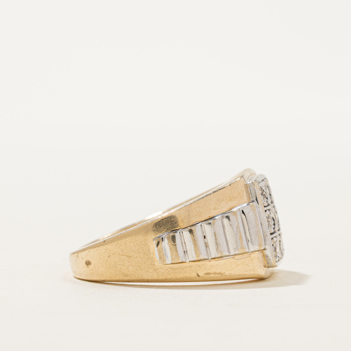 10K Two Tone Gold Diamond Grid Fluted Signet Ring | 0.21ctw | SZ 12
