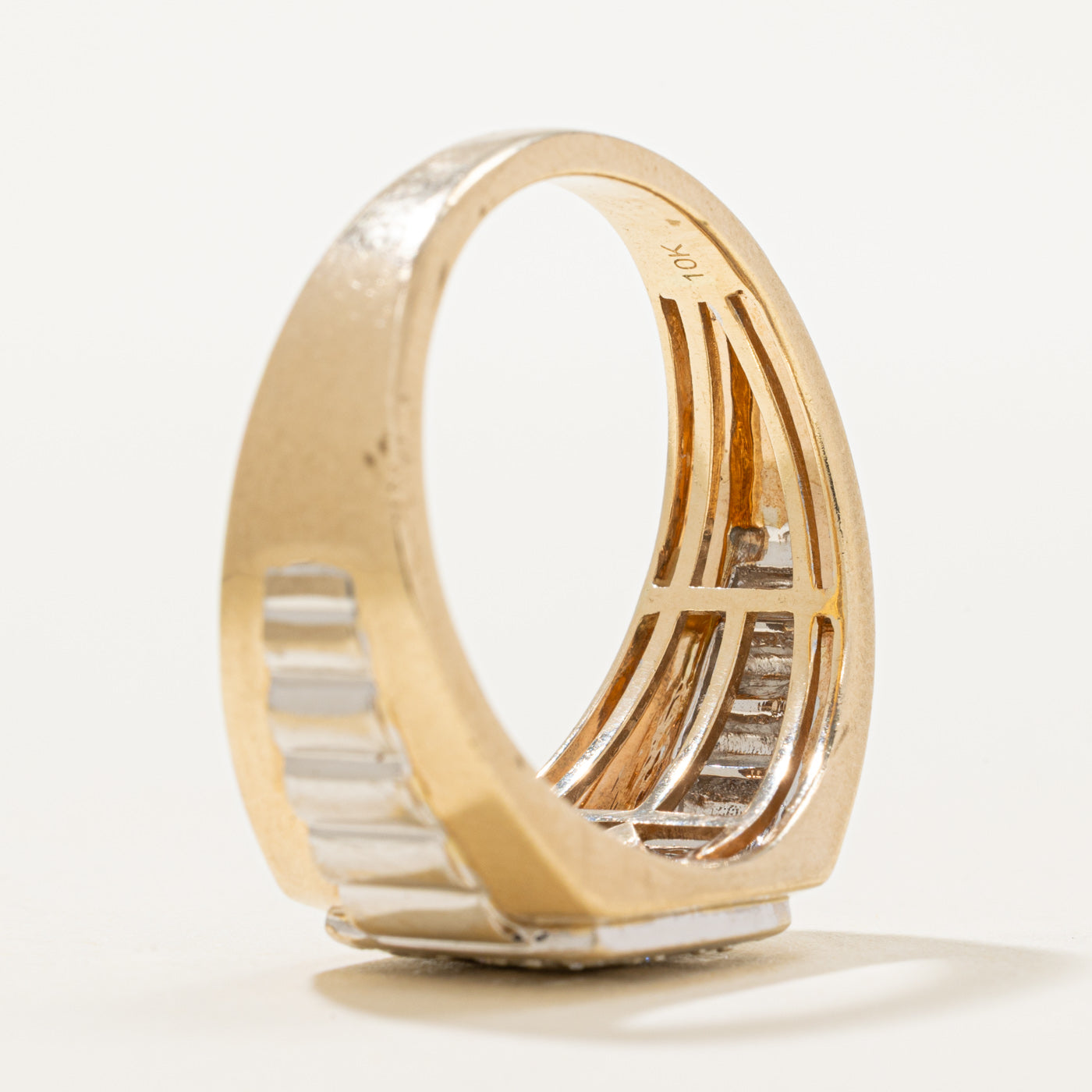 10K Two Tone Gold Diamond Grid Fluted Signet Ring | 0.21ctw | SZ 12