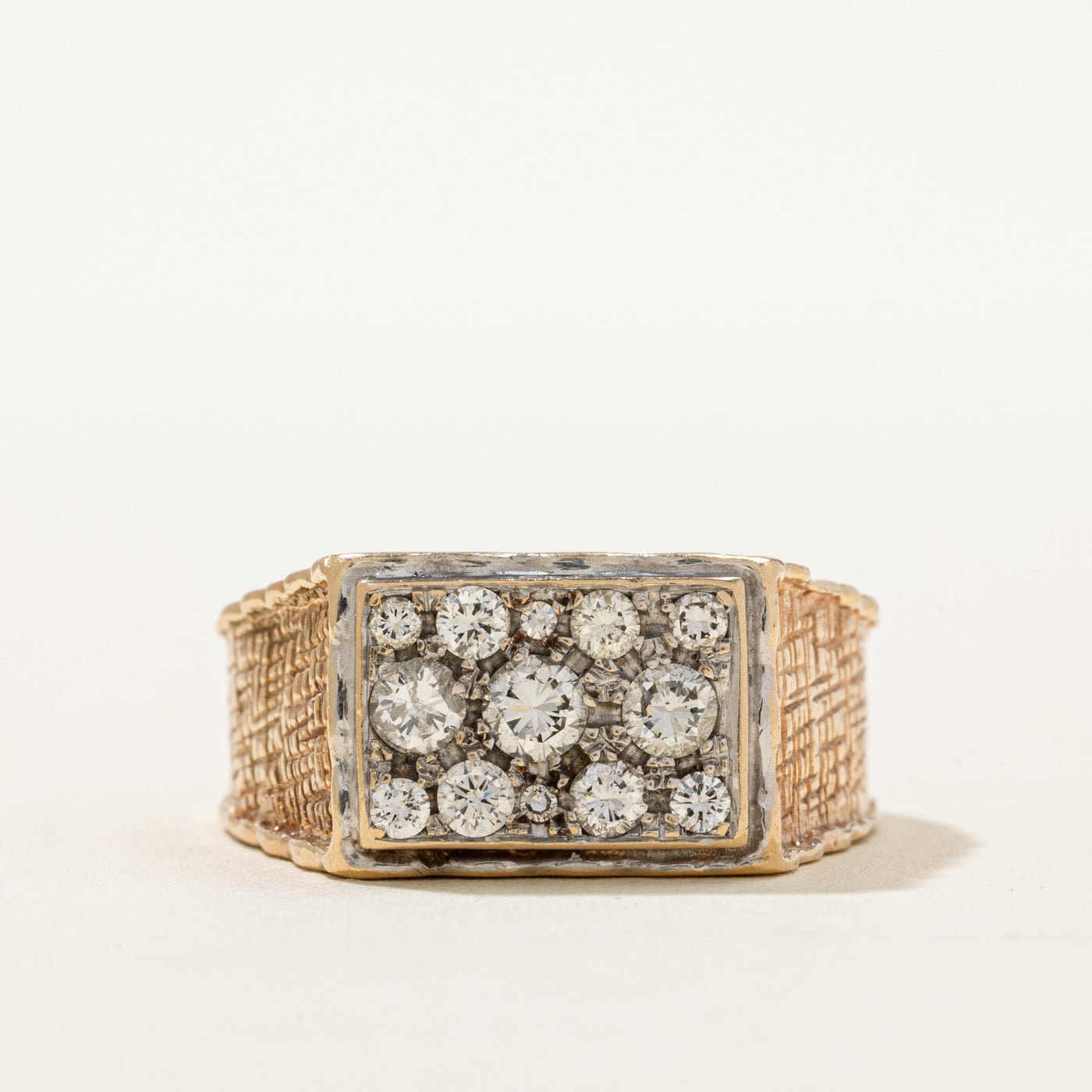 10K Multi Row Diamond Textured Signet Ring | 0.88ctw | SZ 11