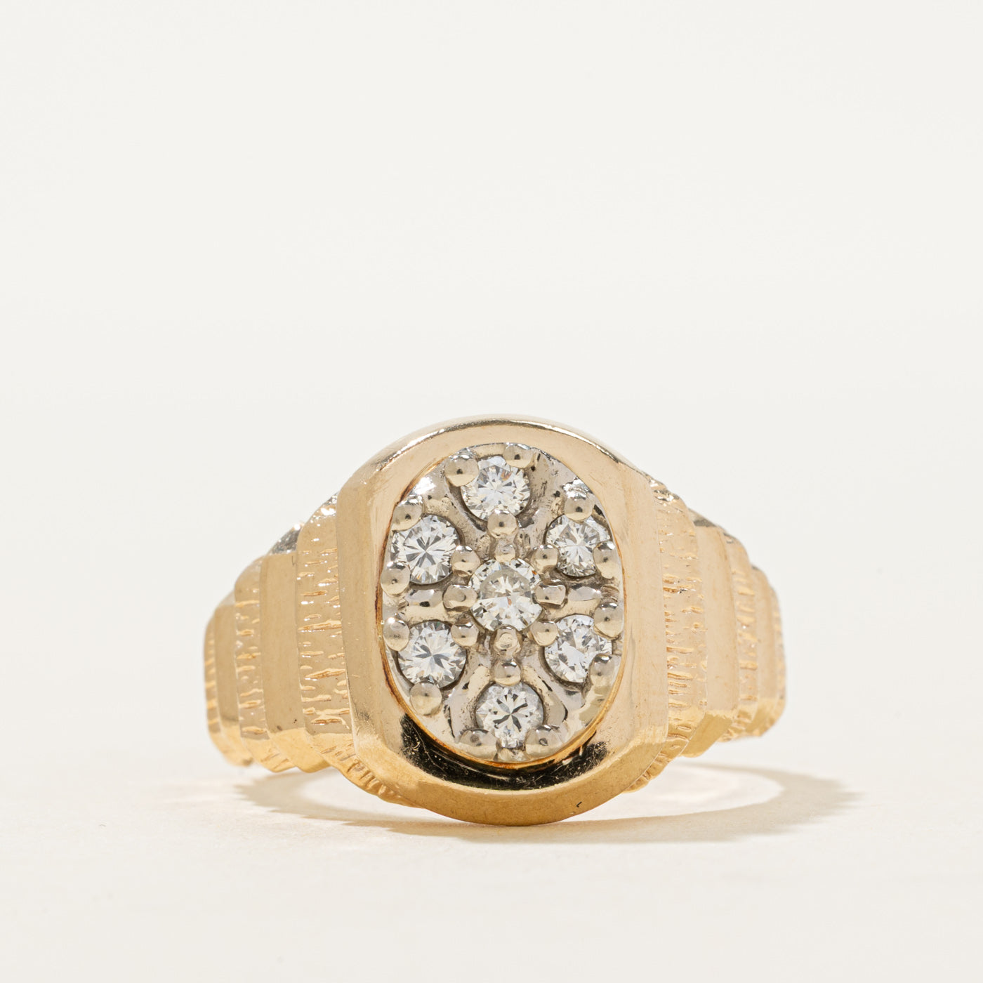 10k Diamond Oval Cluster Grooved Signet Ring | 0.44ctw | SZ 9.75