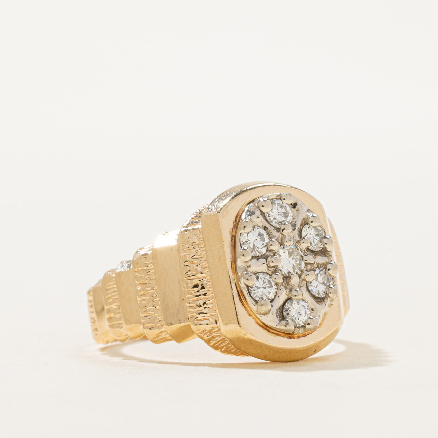 10k Diamond Oval Cluster Grooved Signet Ring | 0.44ctw | SZ 9.75