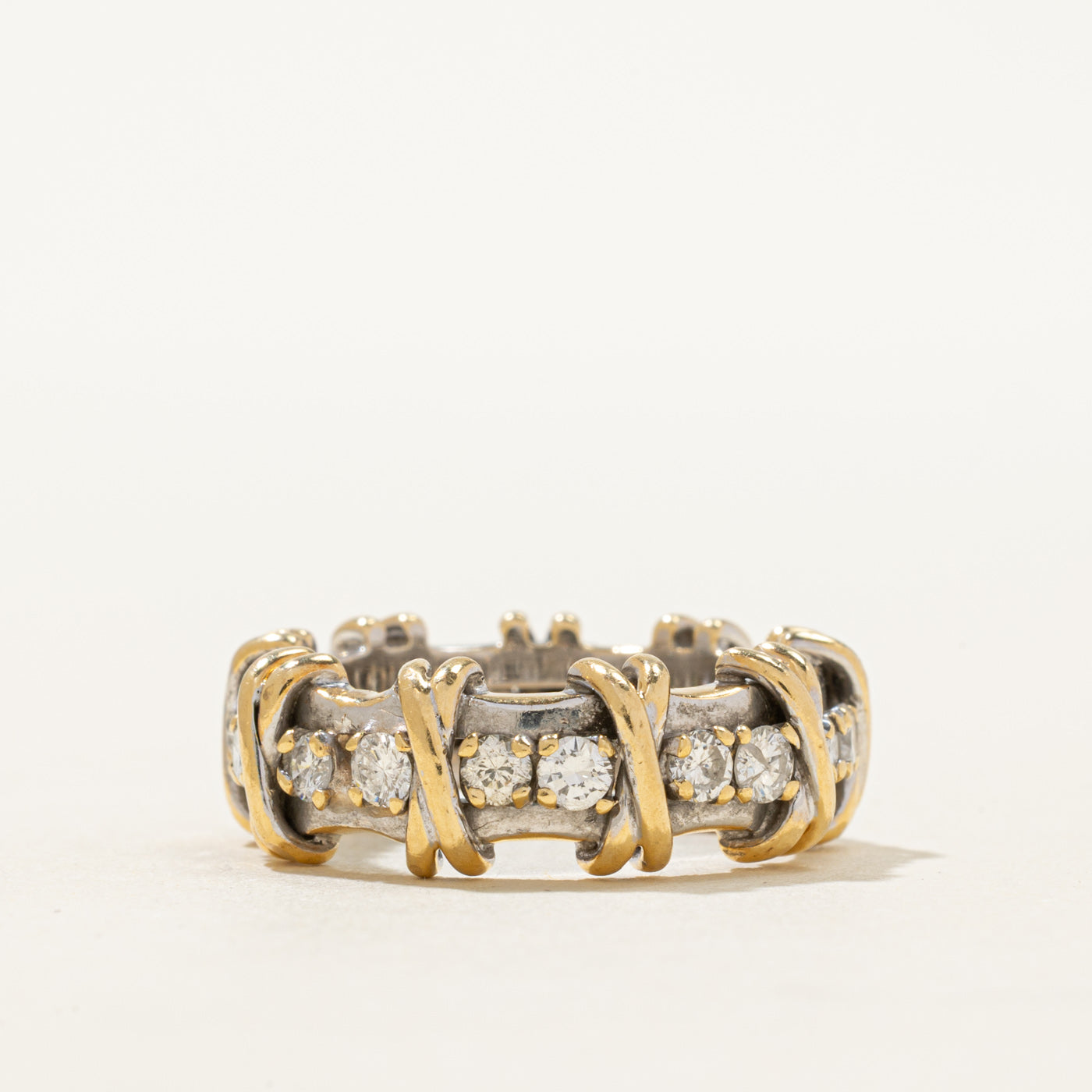 18K Two Tone Gold Diamond X Pattern Ring | 1.14ctw | SZ 6.5