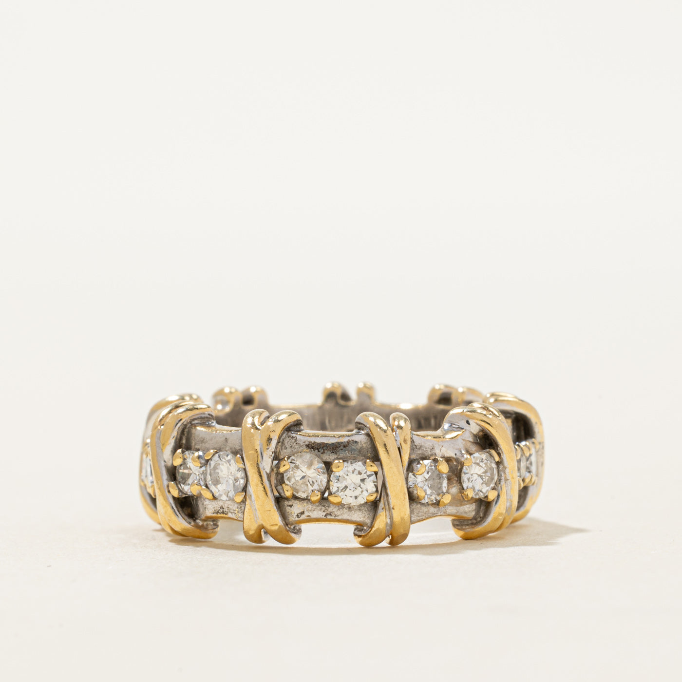 18K Two Tone Gold Diamond X Pattern Ring | 1.14ctw | SZ 6.5