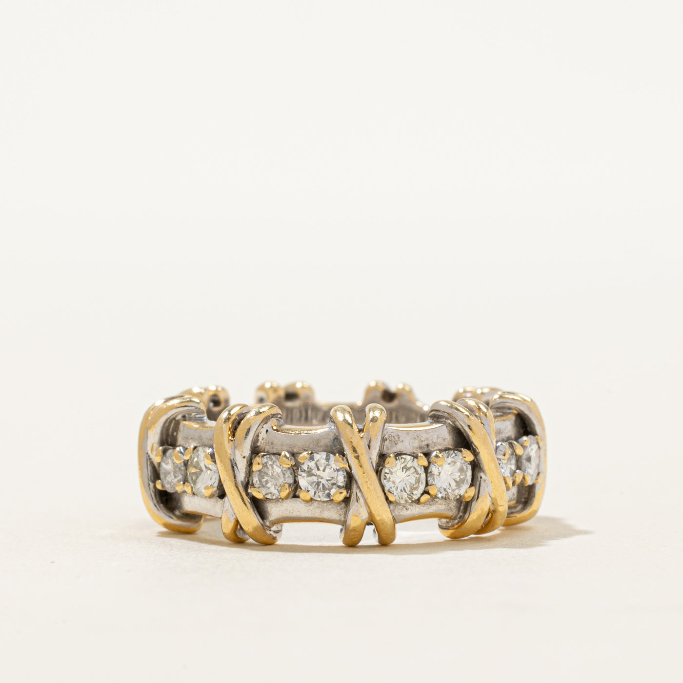 18K Two Tone Gold Diamond X Pattern Ring | 1.14ctw | SZ 6.5