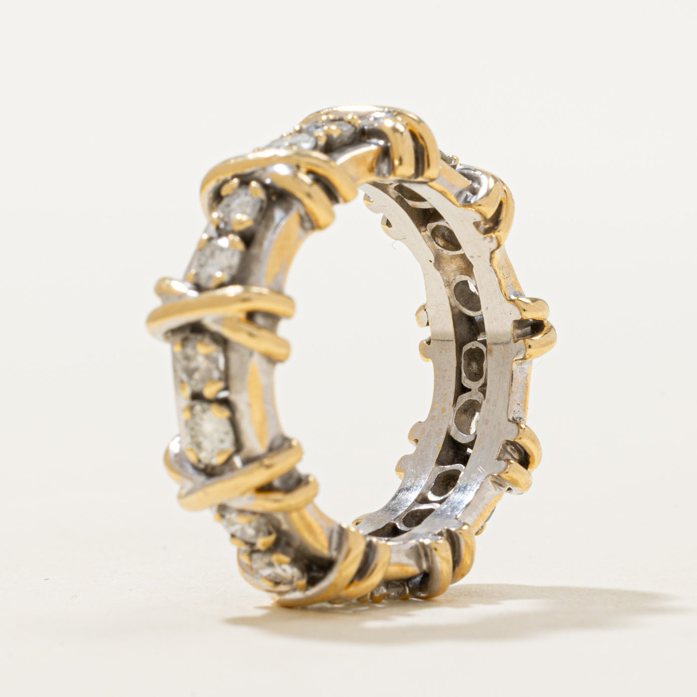 18K Two Tone Gold Diamond X Pattern Ring | 1.14ctw | SZ 6.5