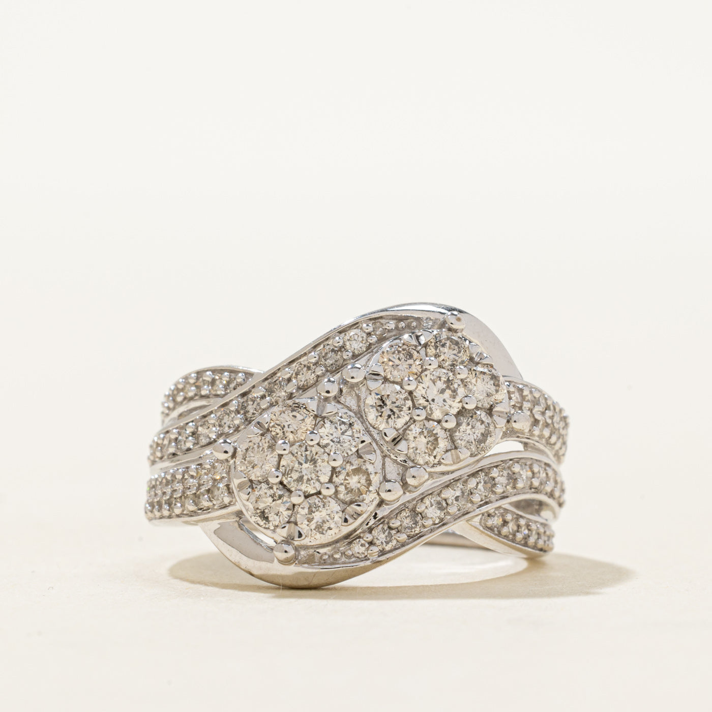 10K Double Cluster Diamond Cross Over Ring | 0.82ctw | SZ 6.25