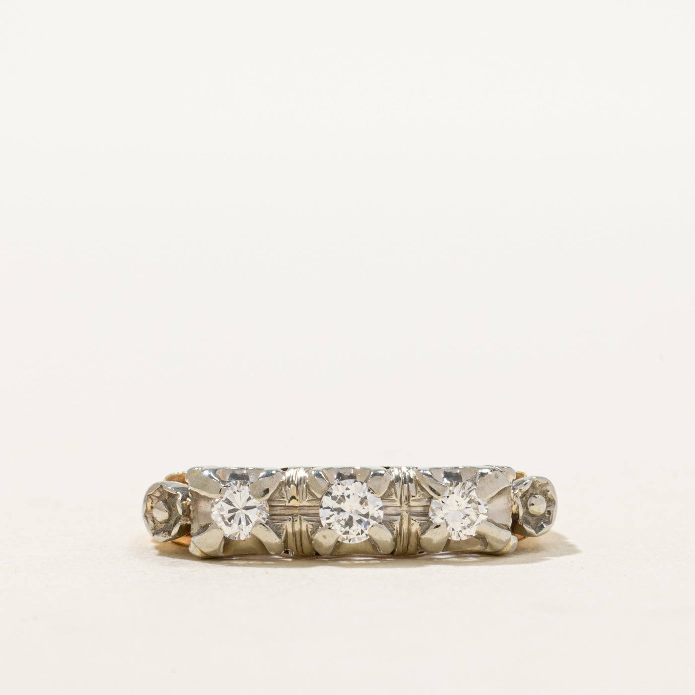 14K Two Tone Gold Three Stone Diamond Engraved Ring | 0.23ctw | SZ 5.5