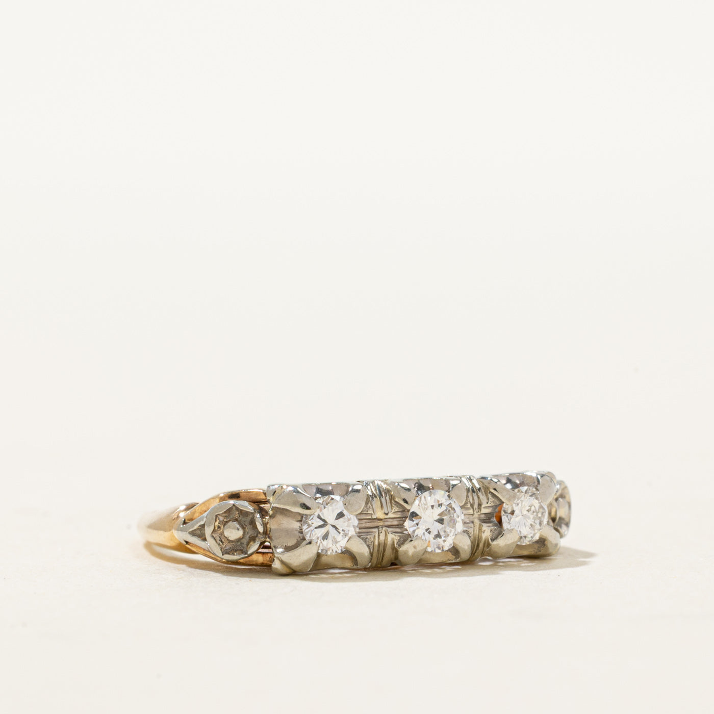 14K Two Tone Gold Three Stone Diamond Engraved Ring | 0.23ctw | SZ 5.5