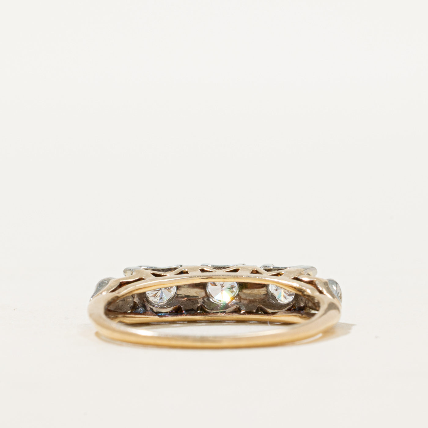 14K Two Tone Gold Three Stone Diamond Engraved Ring | 0.23ctw | SZ 5.5
