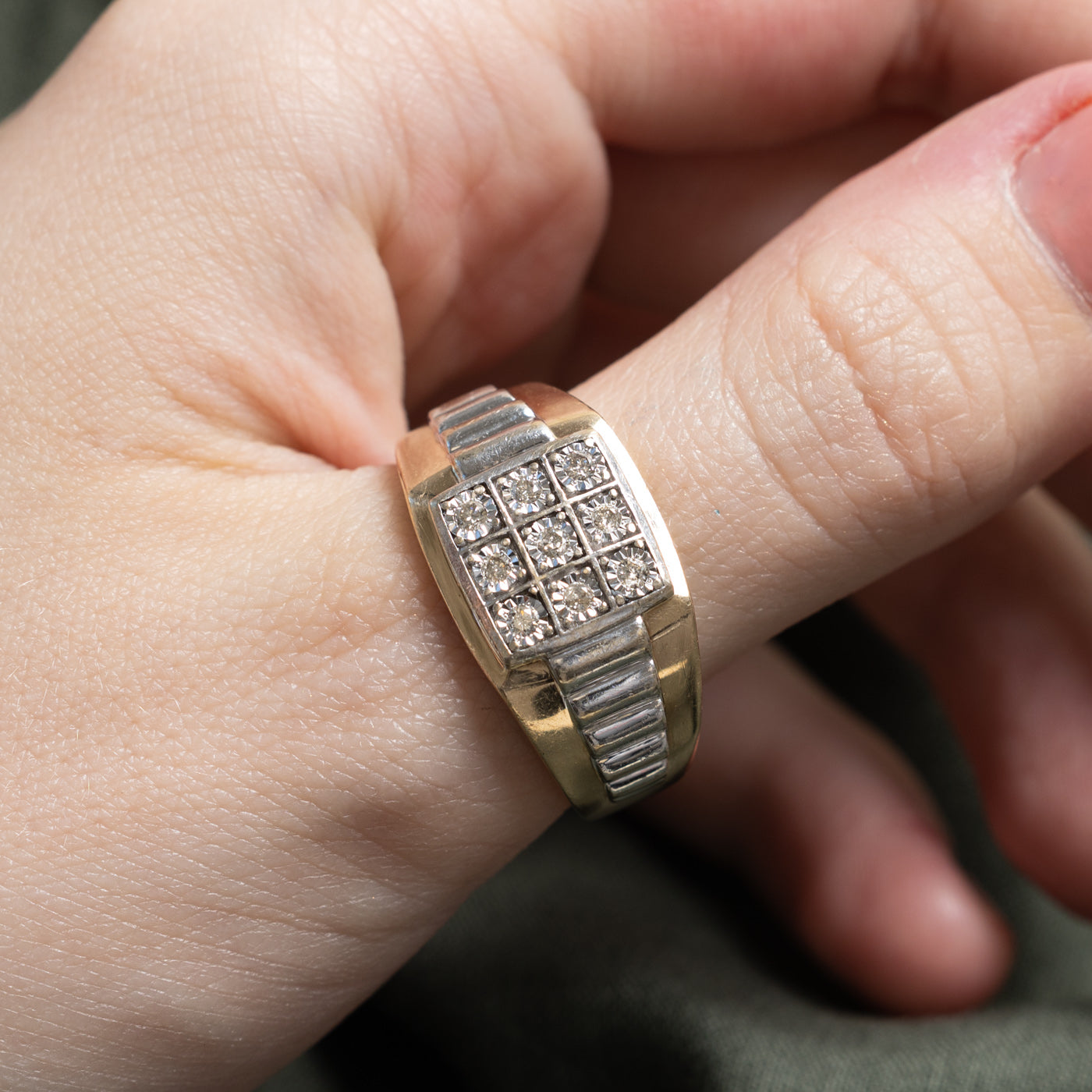 10K Two Tone Gold Diamond Grid Fluted Signet Ring | 0.21ctw | SZ 12