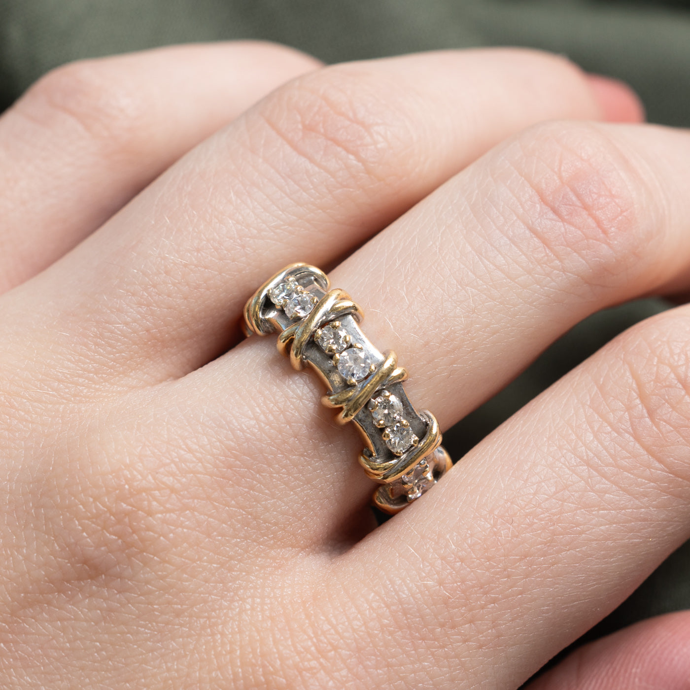 18K Two Tone Gold Diamond X Pattern Ring | 1.14ctw | SZ 6.5