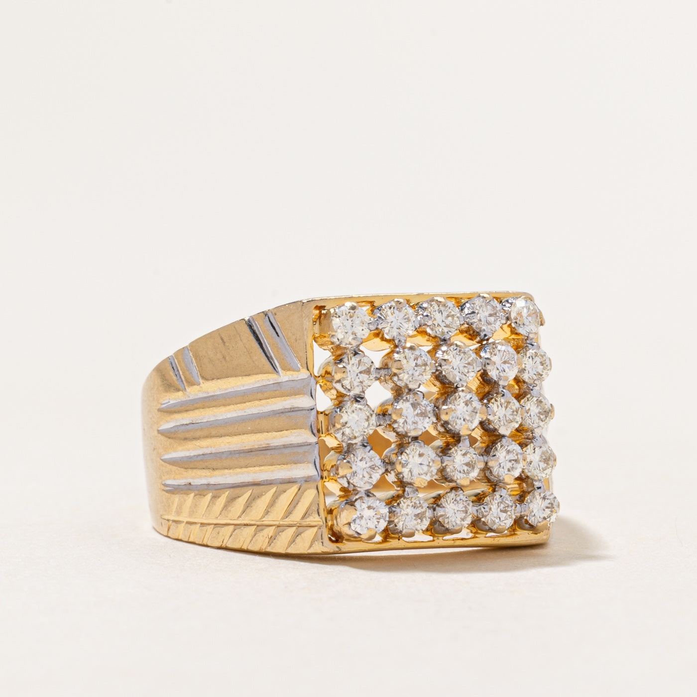 Yellow Gold Diamond Grid Cocktail Ring | 0.88ctw | SZ 11
