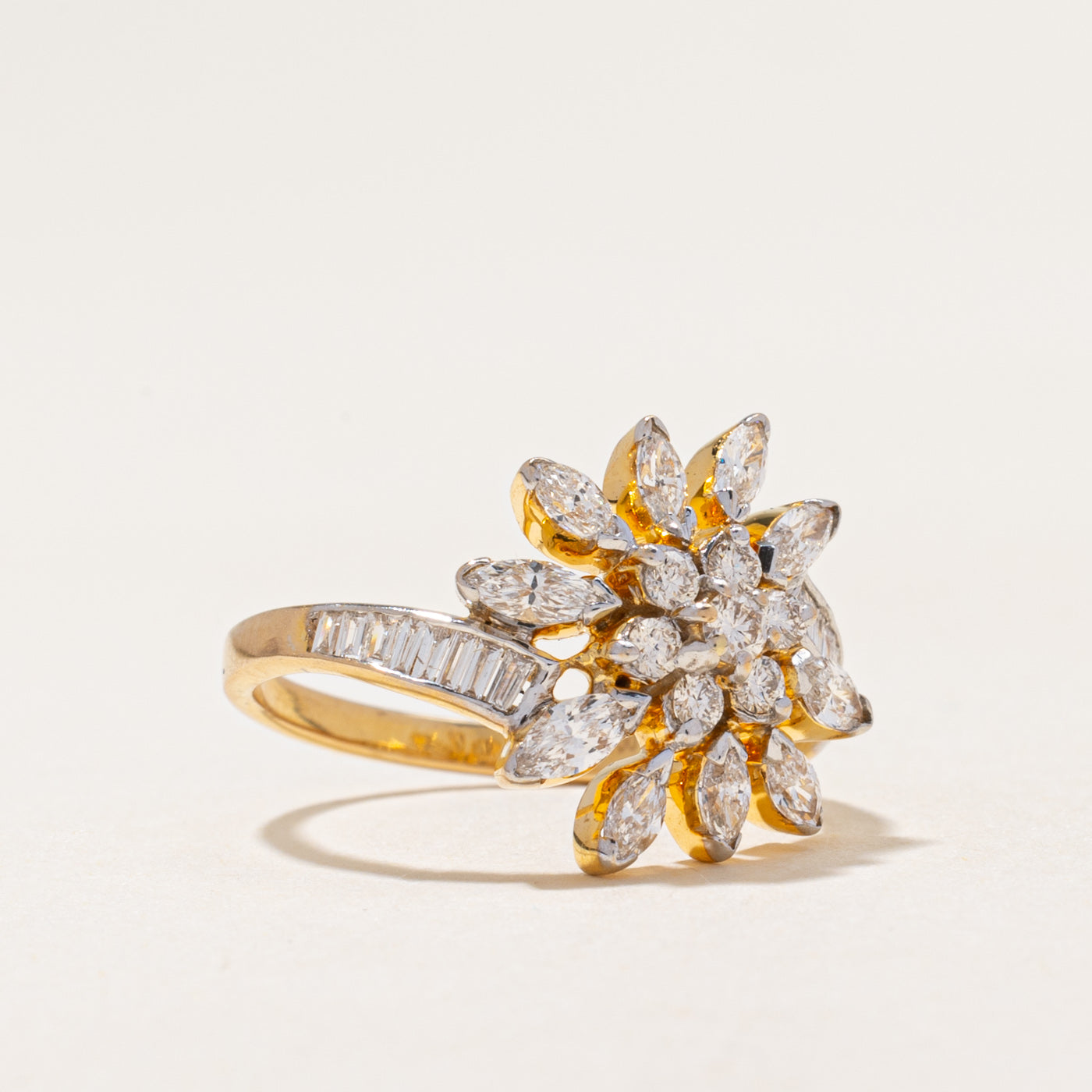 18k Mixed Cut Diamond Floral Cluster Bypass Ring | 0.87ctw | SZ 6.25