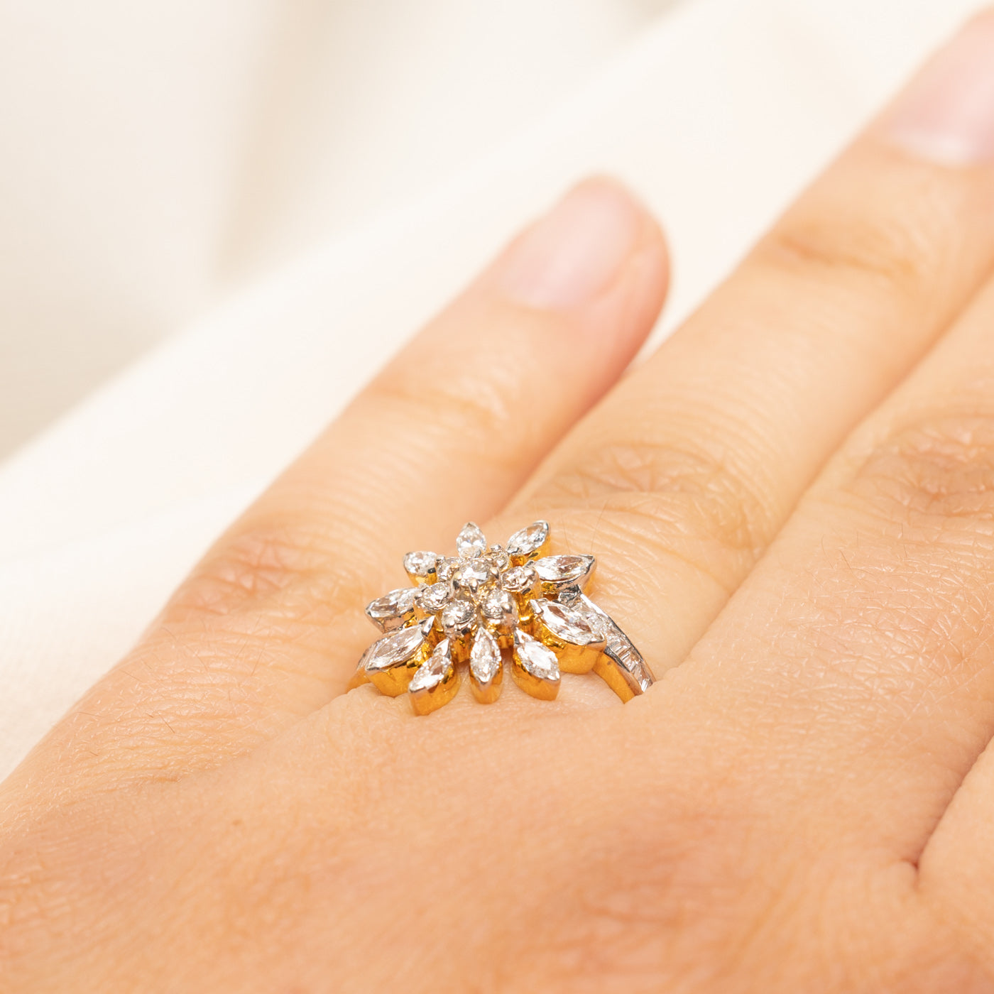 18k Mixed Cut Diamond Floral Cluster Bypass Ring | 0.87ctw | SZ 6.25