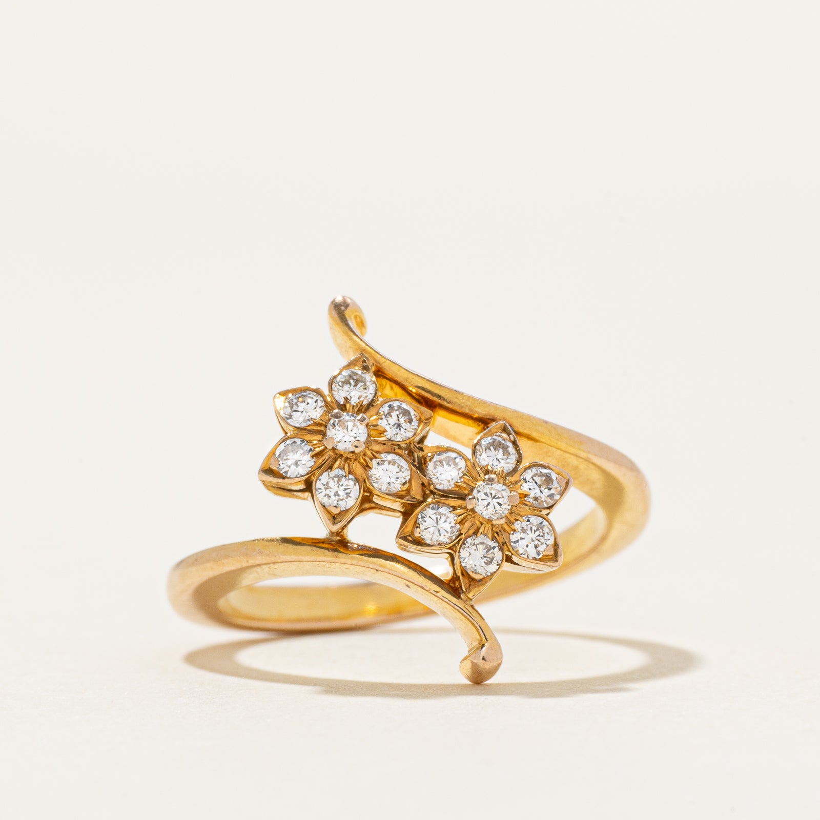 14k Diamond Double Petal Cluster Bypass Ring | 0.26ctw | SZ 4.75