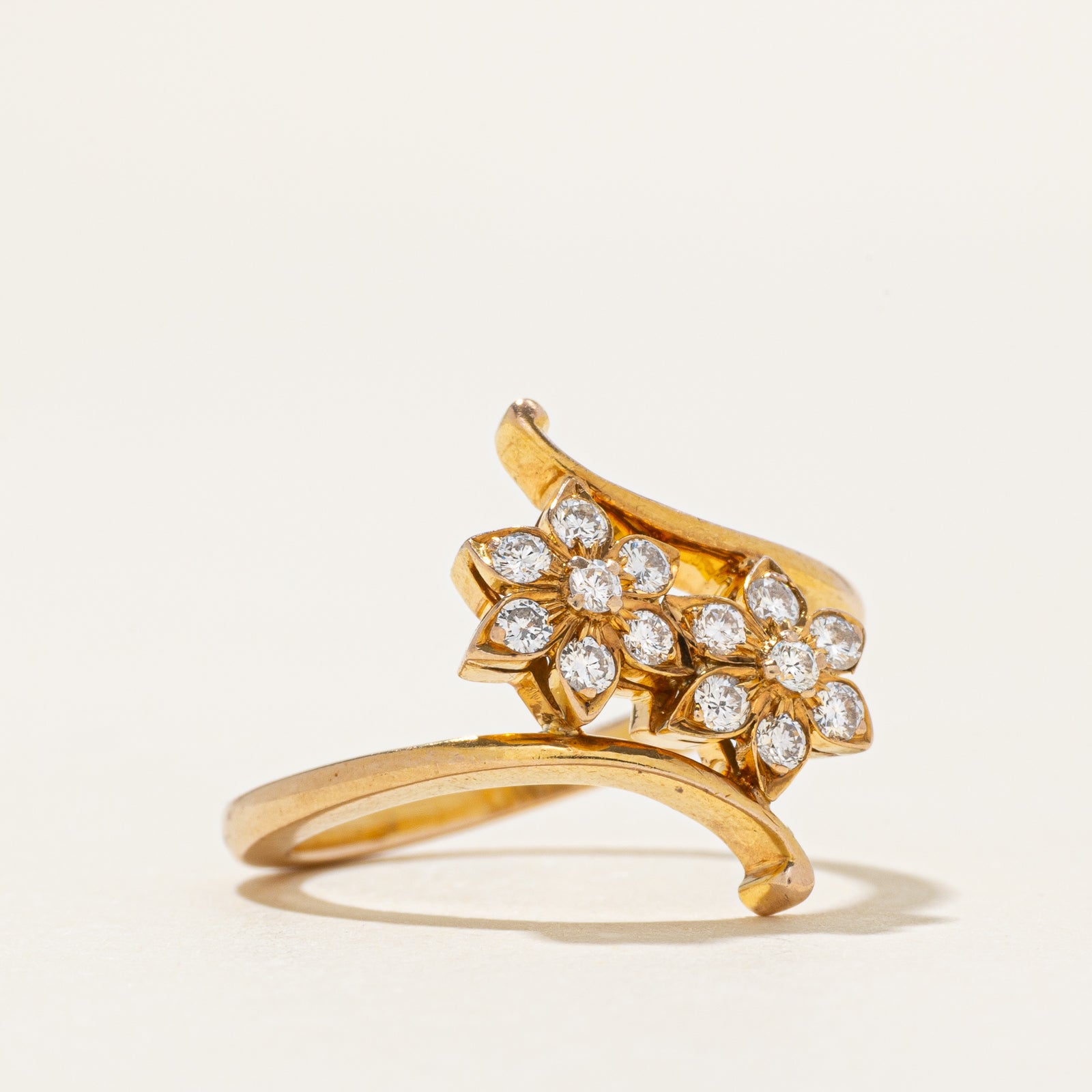 14k Diamond Double Petal Cluster Bypass Ring | 0.26ctw | SZ 4.75