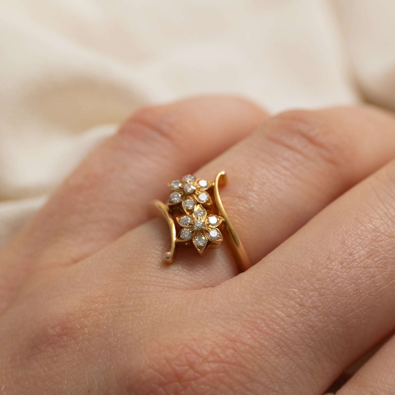 14k Diamond Double Petal Cluster Bypass Ring | 0.26ctw | SZ 4.75